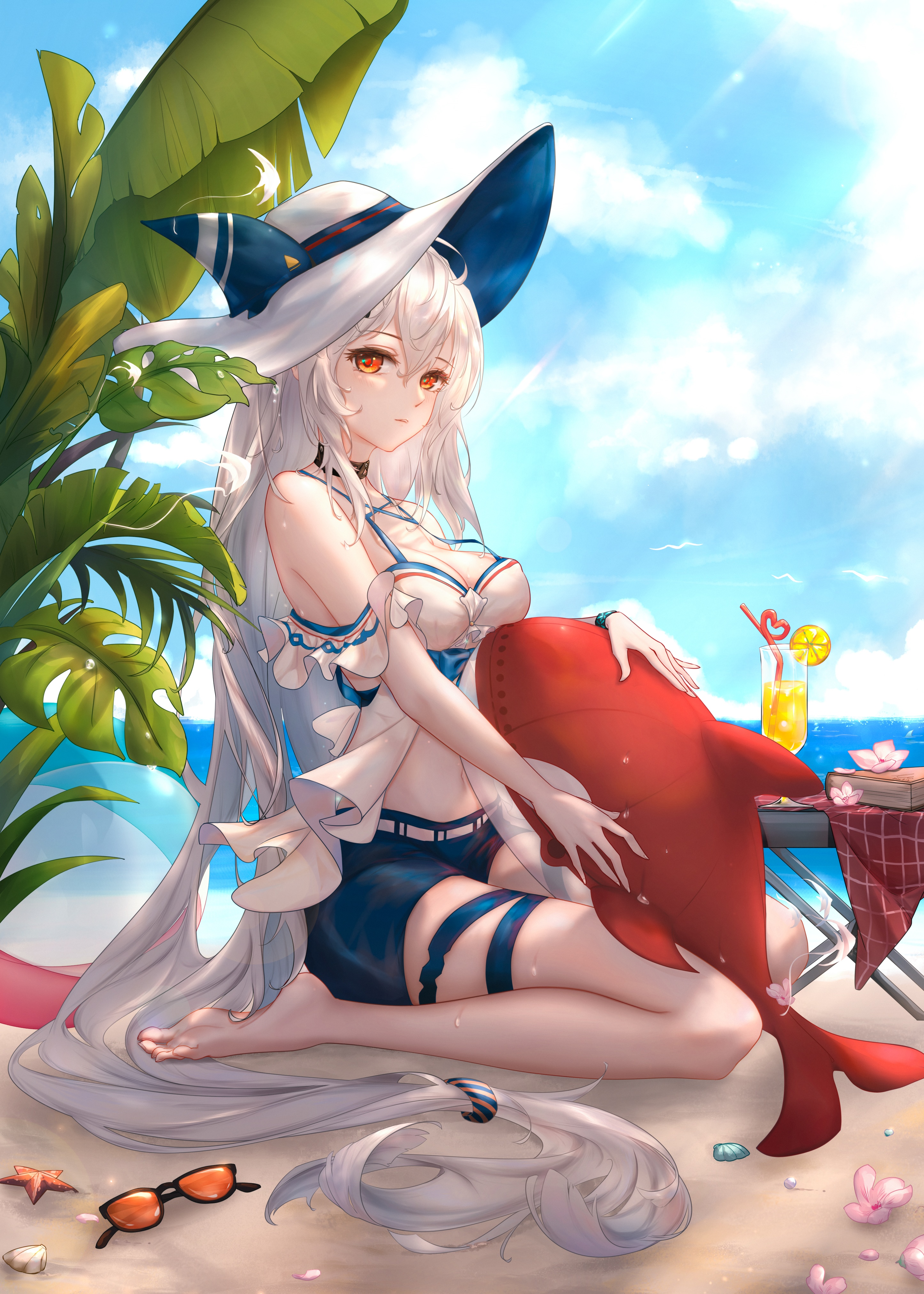 Skadi on the beach with a shark plushie HD Phone Wallpaper