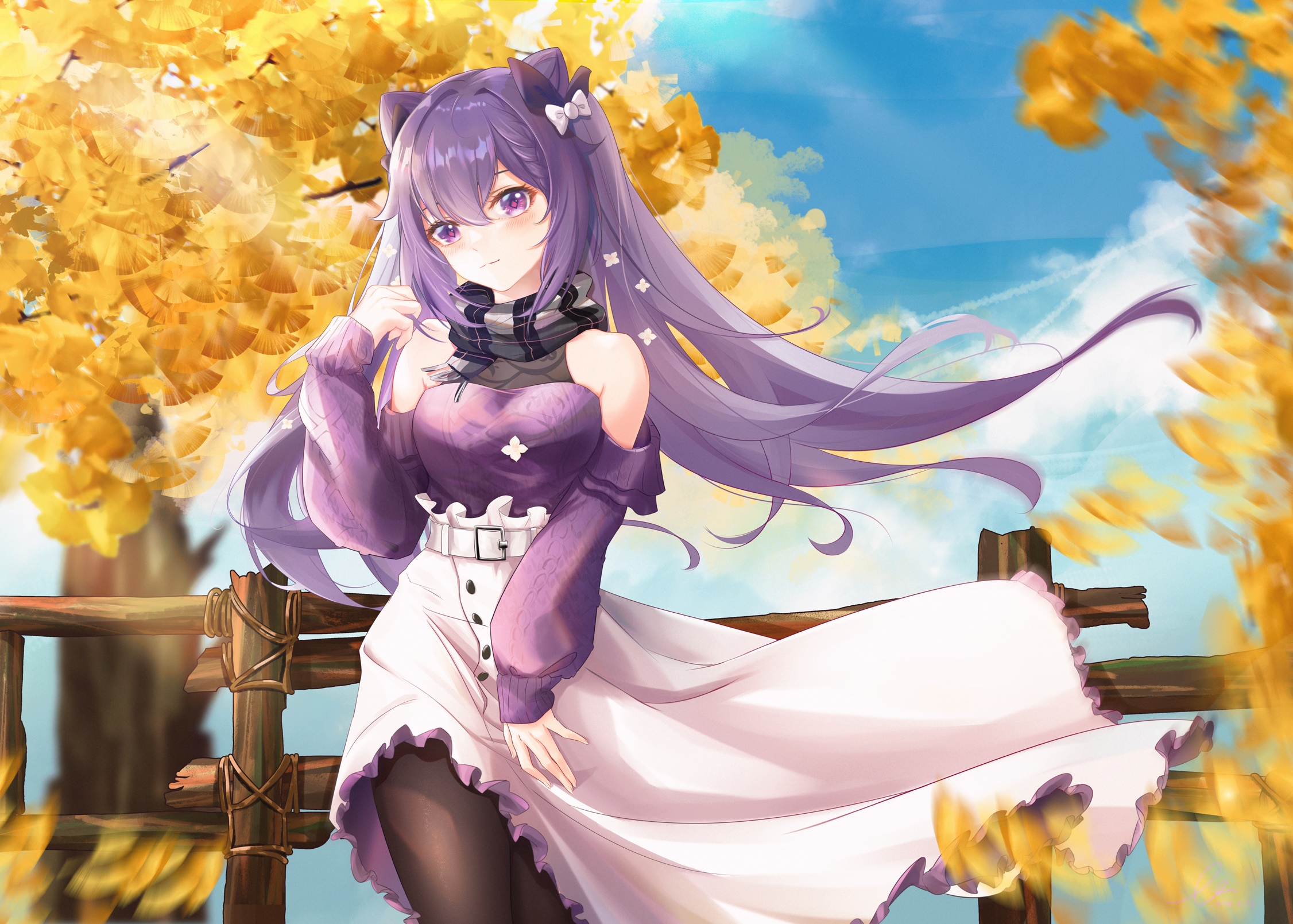 Keqing from Genshin Impact in autumn HD Wallpaper