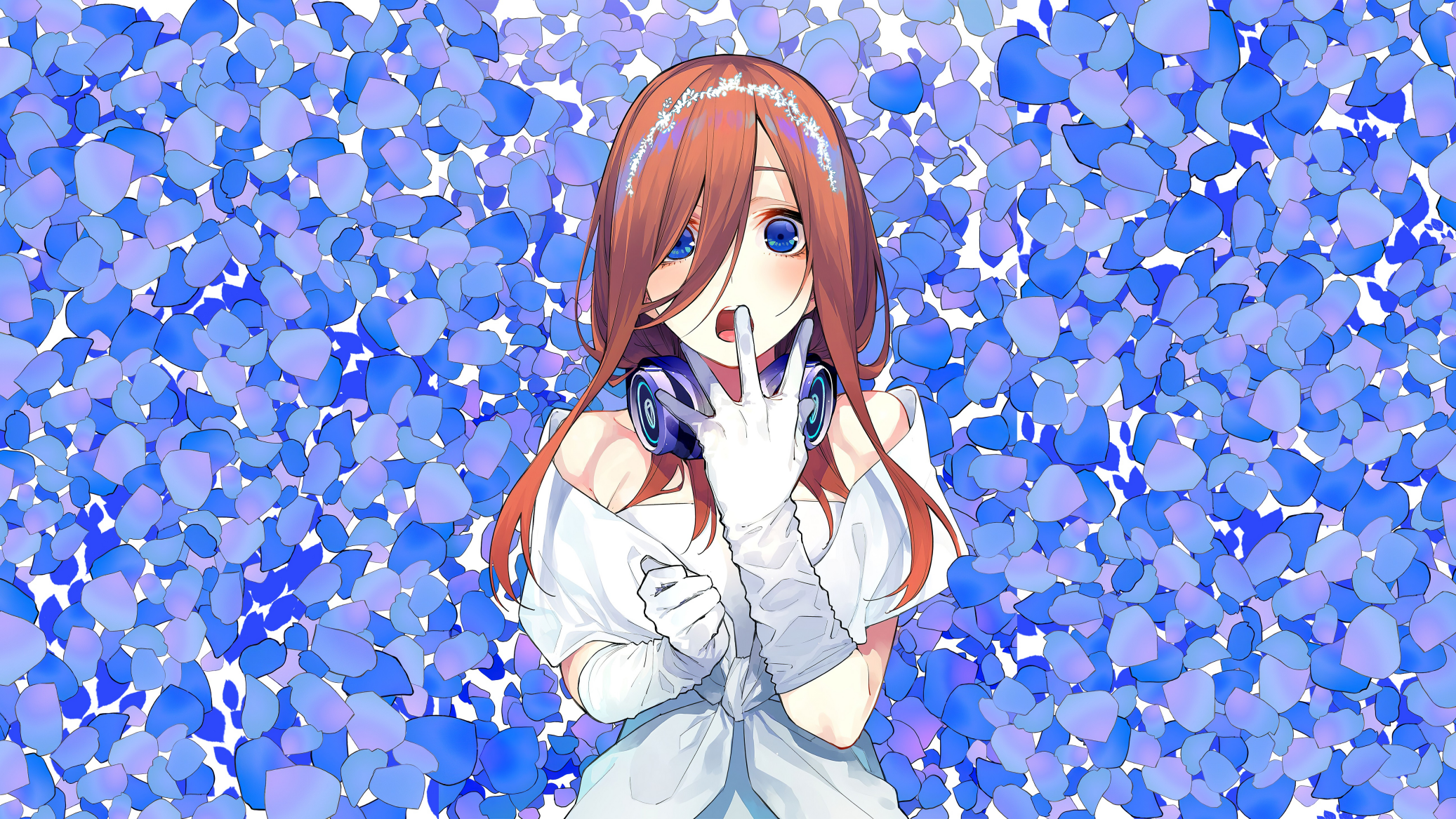Miku Nakano in a White Dress with Blue Flowers HD Wallpaper