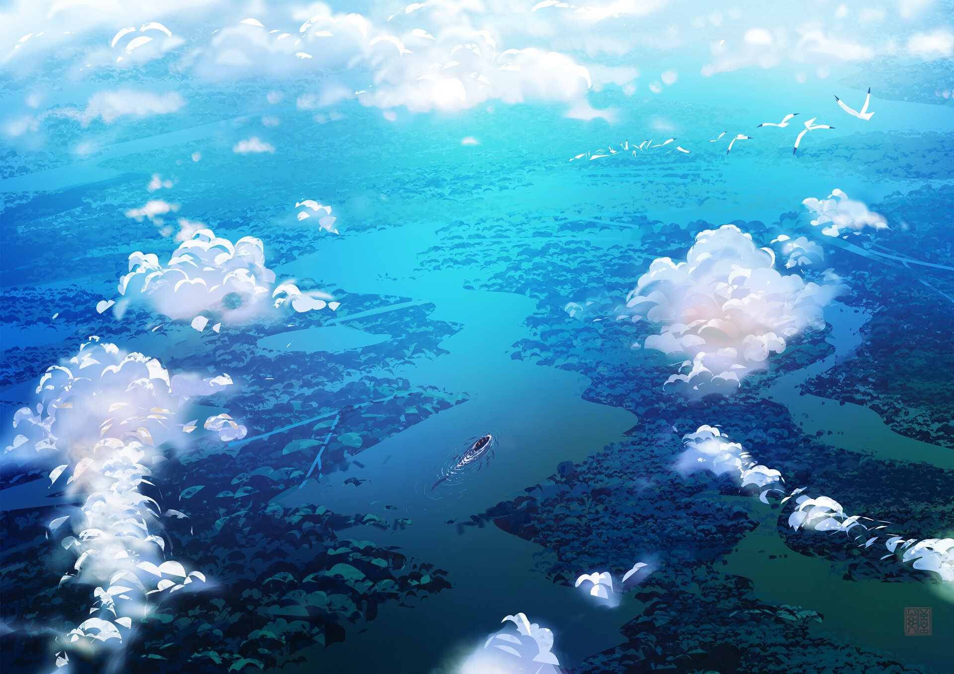 A river flows through a landscape with clouds and birds HD Wallpaper
