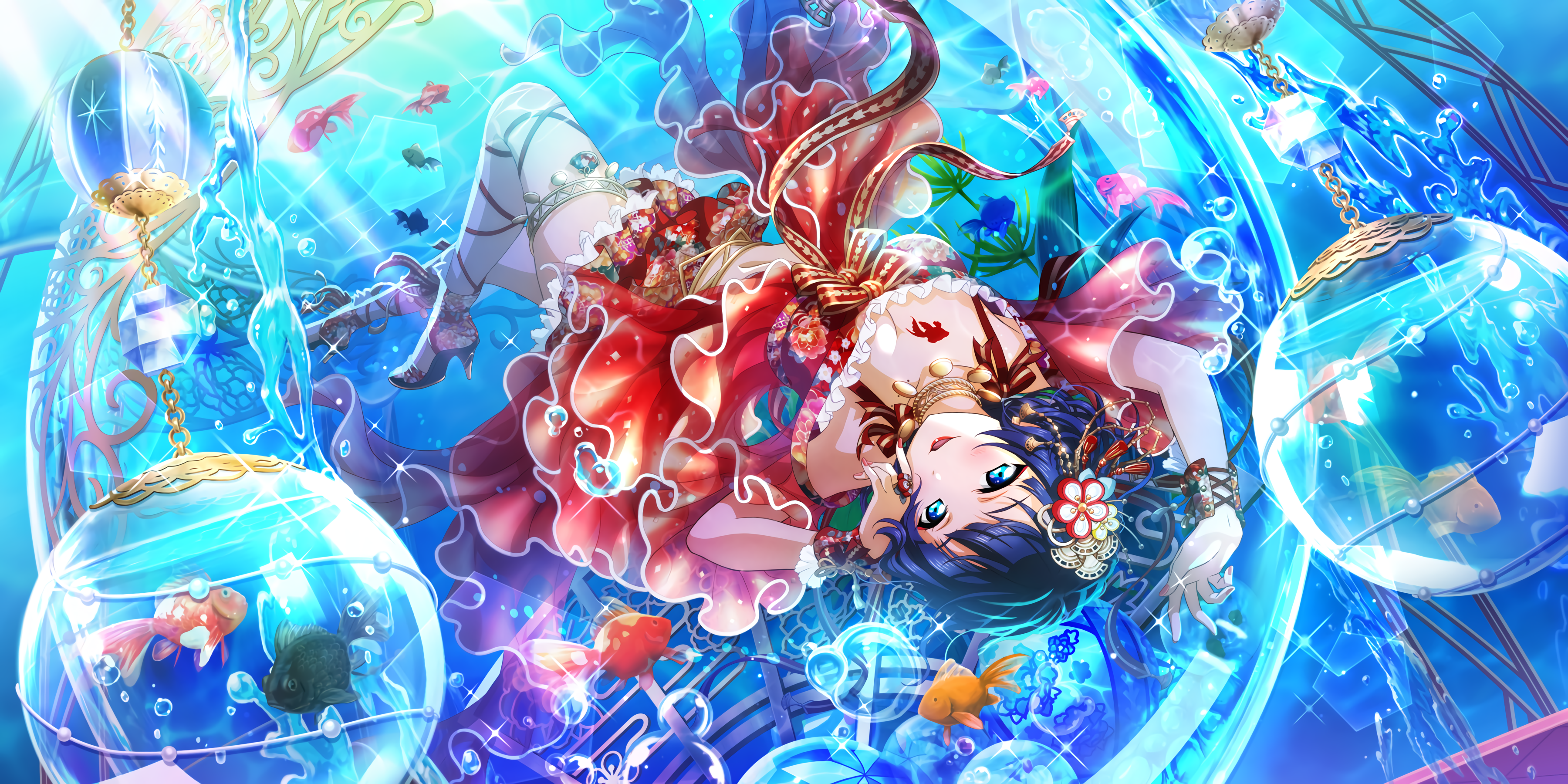 Asaka Karin in a water-themed world with goldfish HD Wallpaper