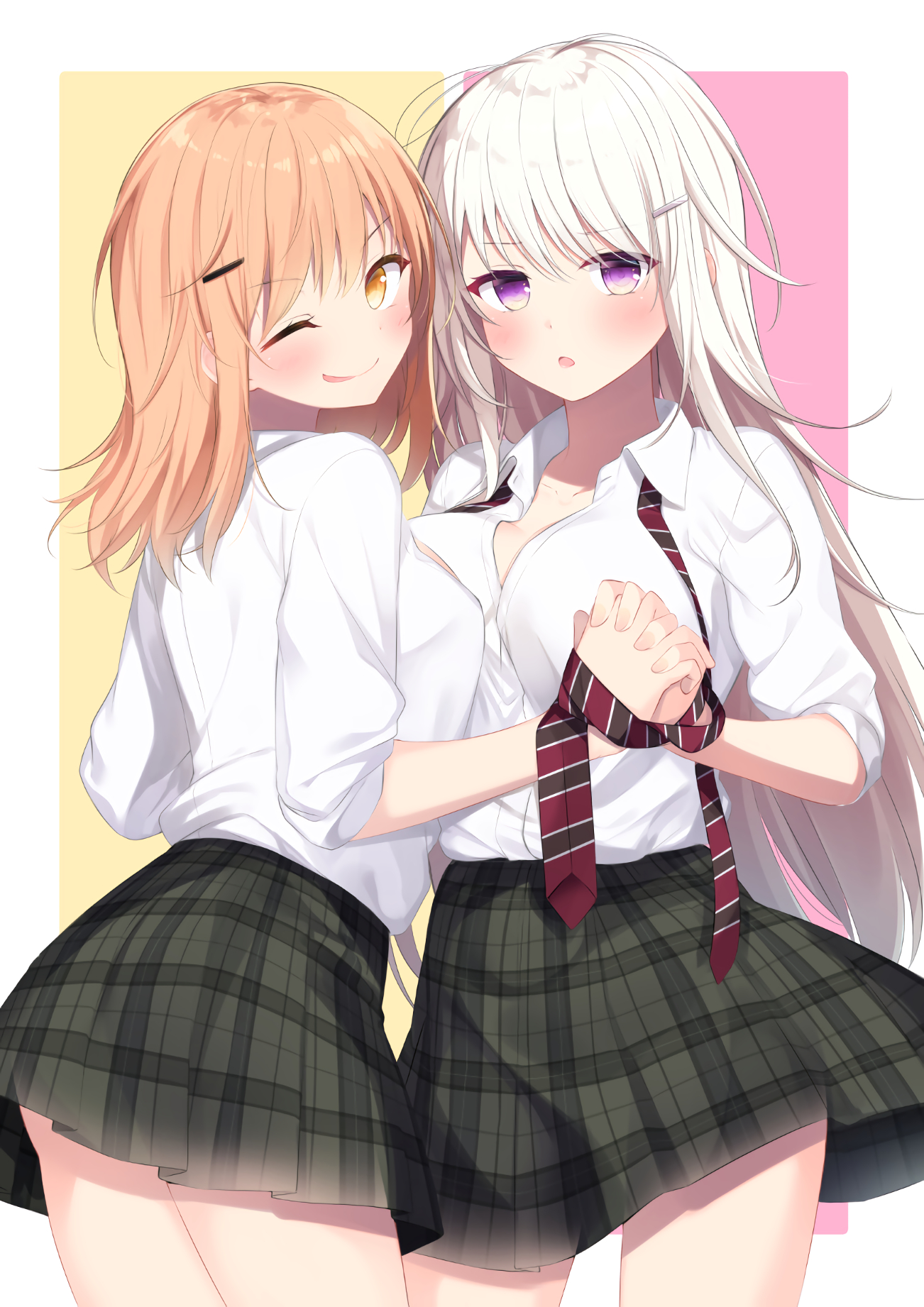 Two anime schoolgirls holding hands HD Phone Wallpaper