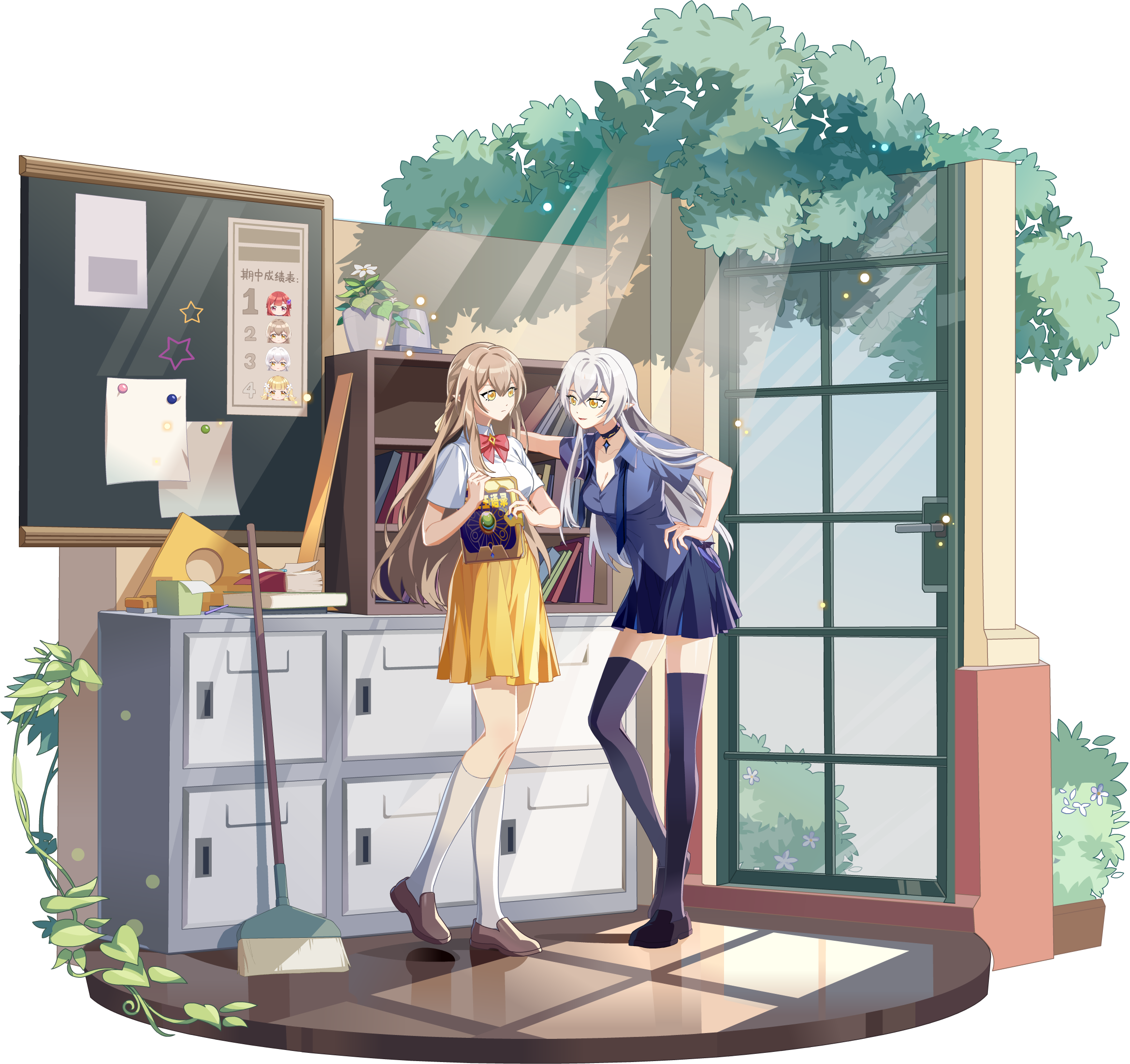 Two schoolgirls in a classroom with lockers and a blackboard HD Wallpaper