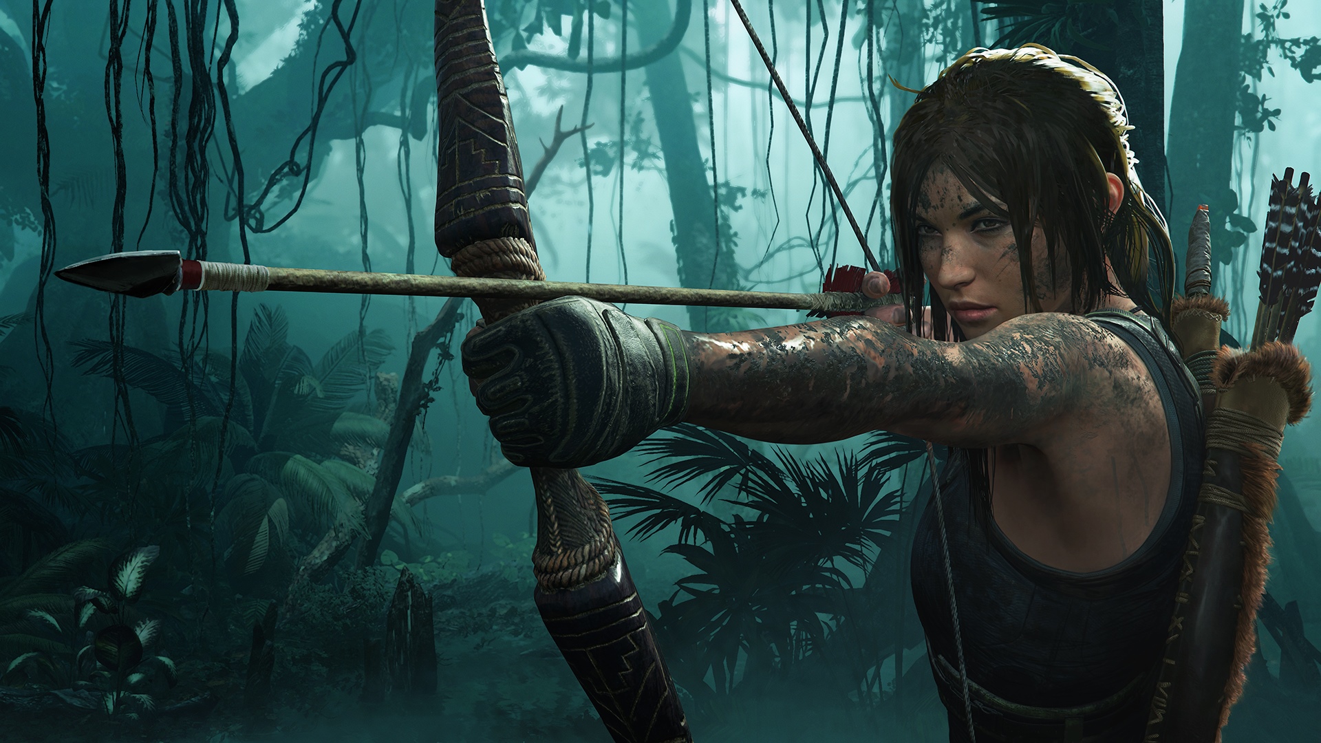 Lara Croft aiming a bow in a jungle HD Wallpaper