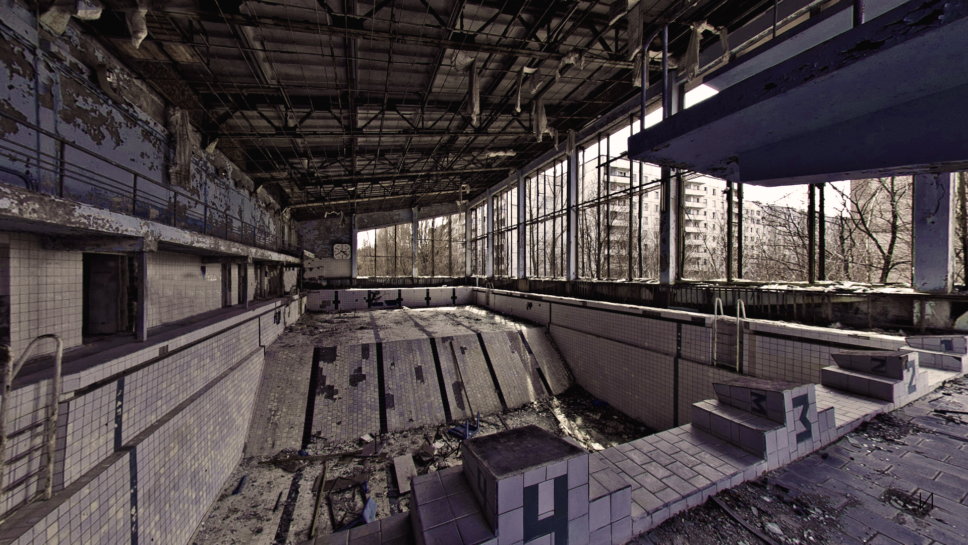 Abandoned swimming pool in Pripyat, Chernobyl HD Wallpaper