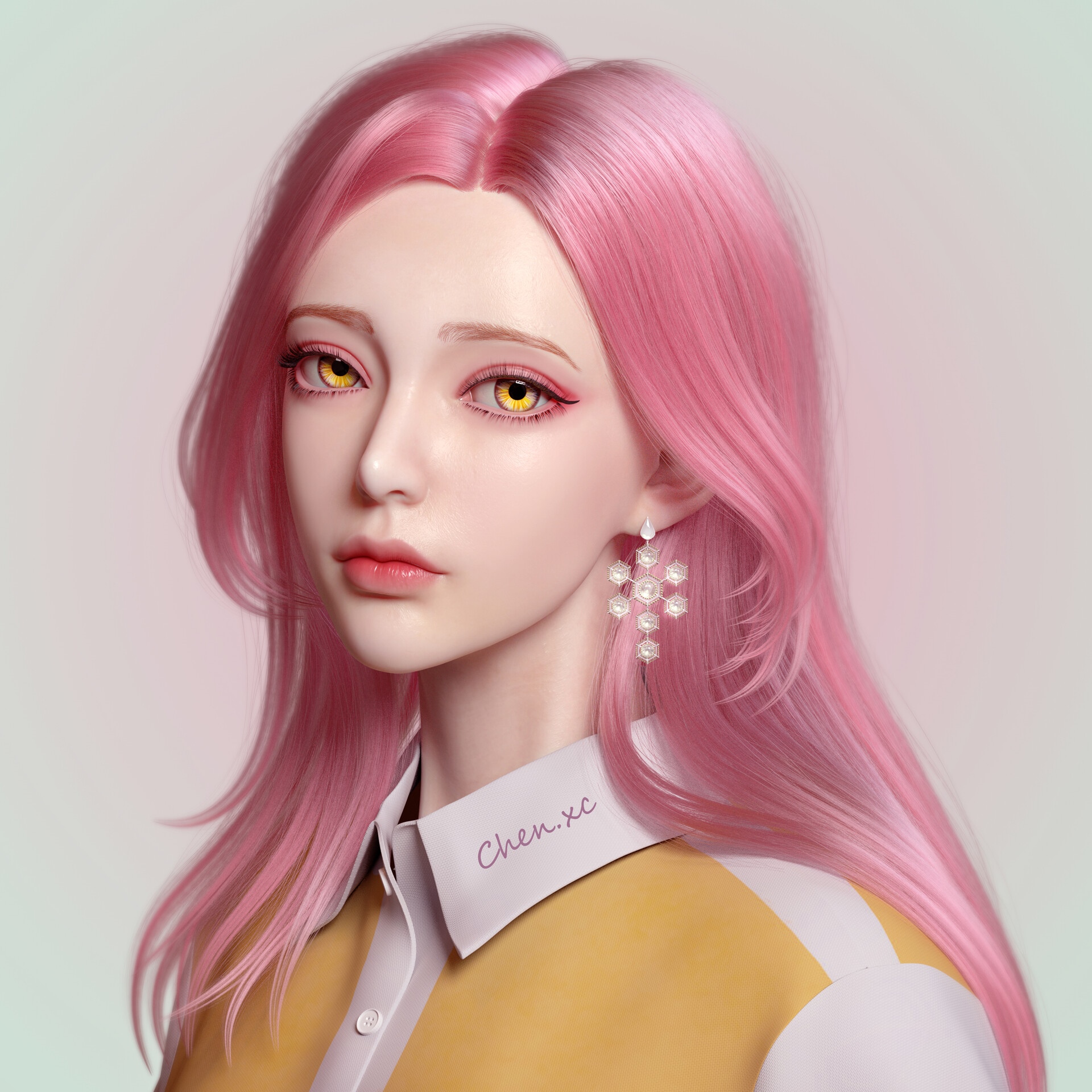 Xincheng Chen with pink hair and yellow eyes HD Wallpaper