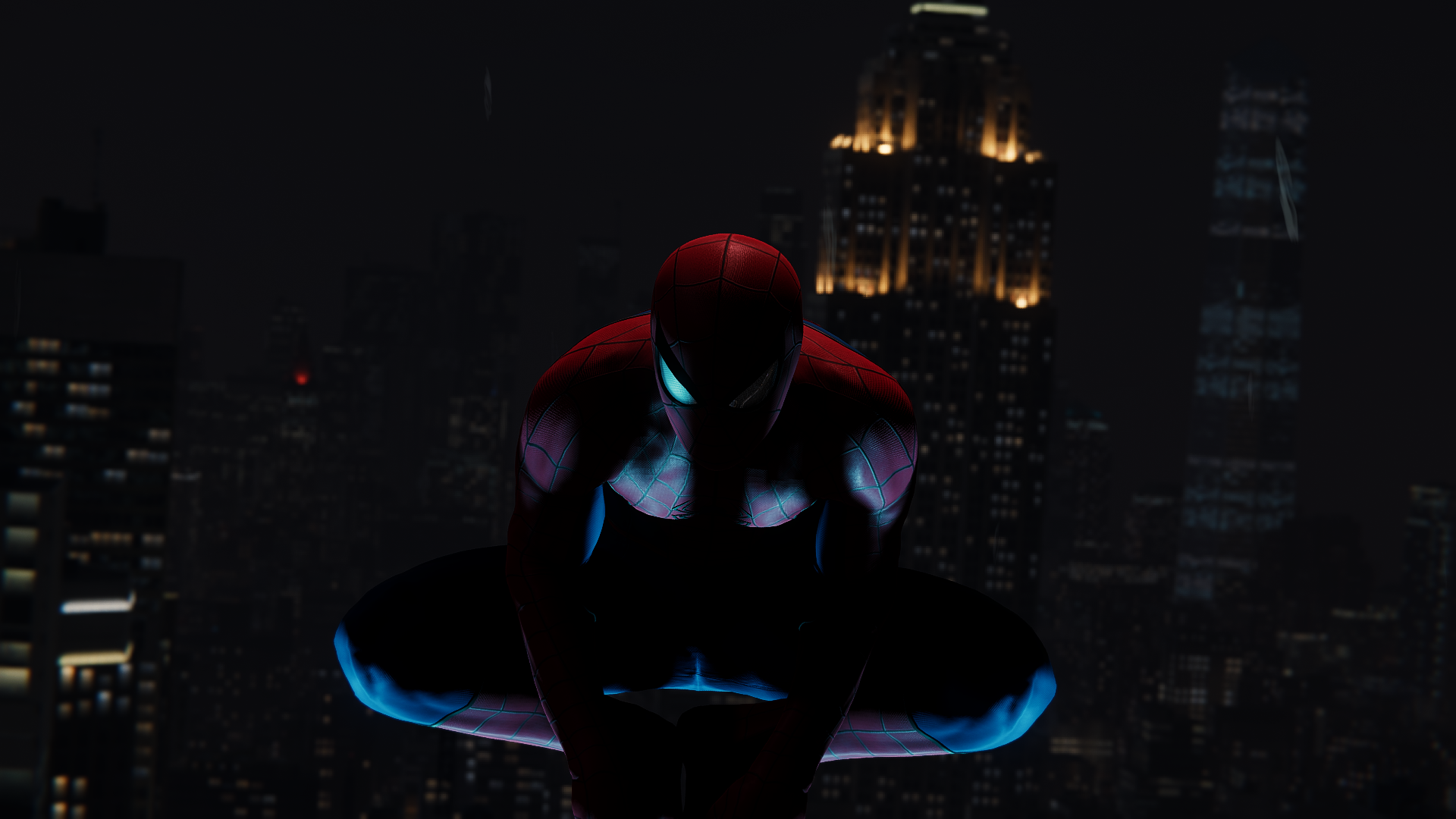 Spider-Man crouching on a building at night HD Wallpaper