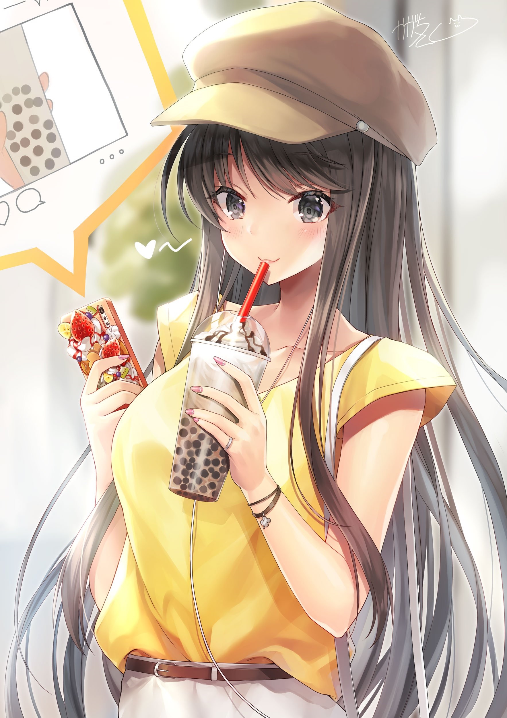 Kagachi Saku drinks bubble tea and holds a phone HD Phone Wallpaper