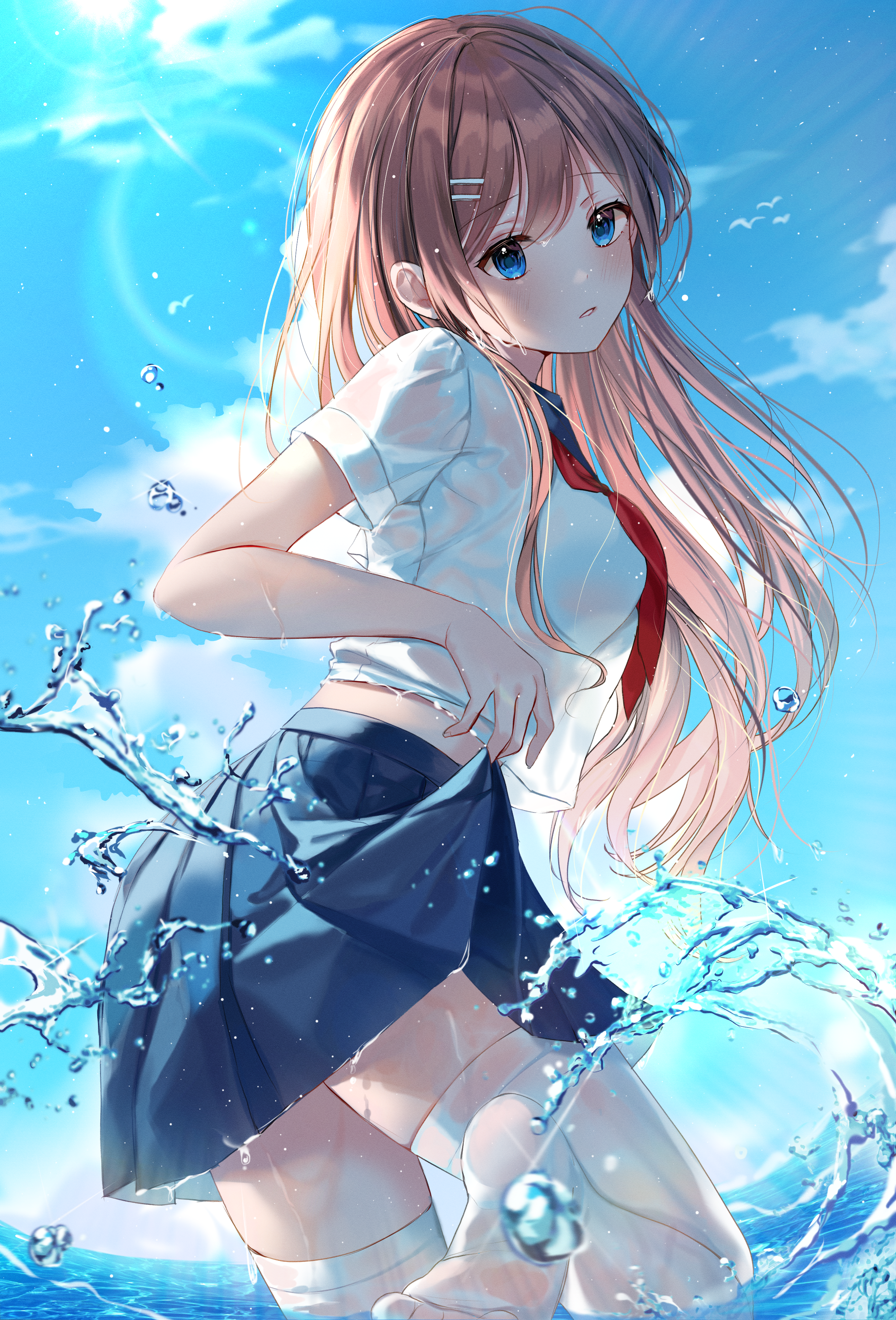 Anime girl with blue eyes and brunette hair in water HD Phone Wallpaper