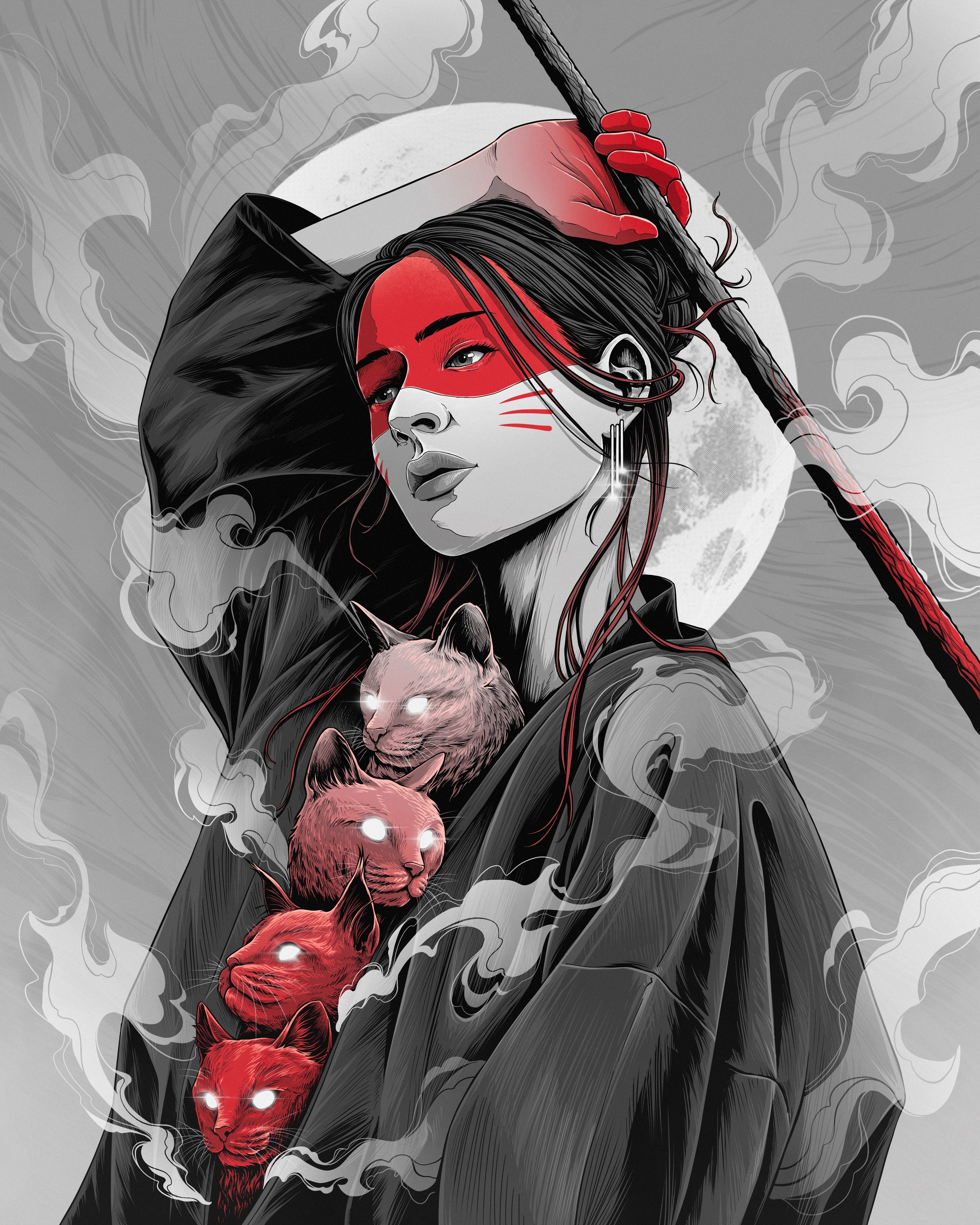 Woman with red face paint and cats HD Phone Wallpaper