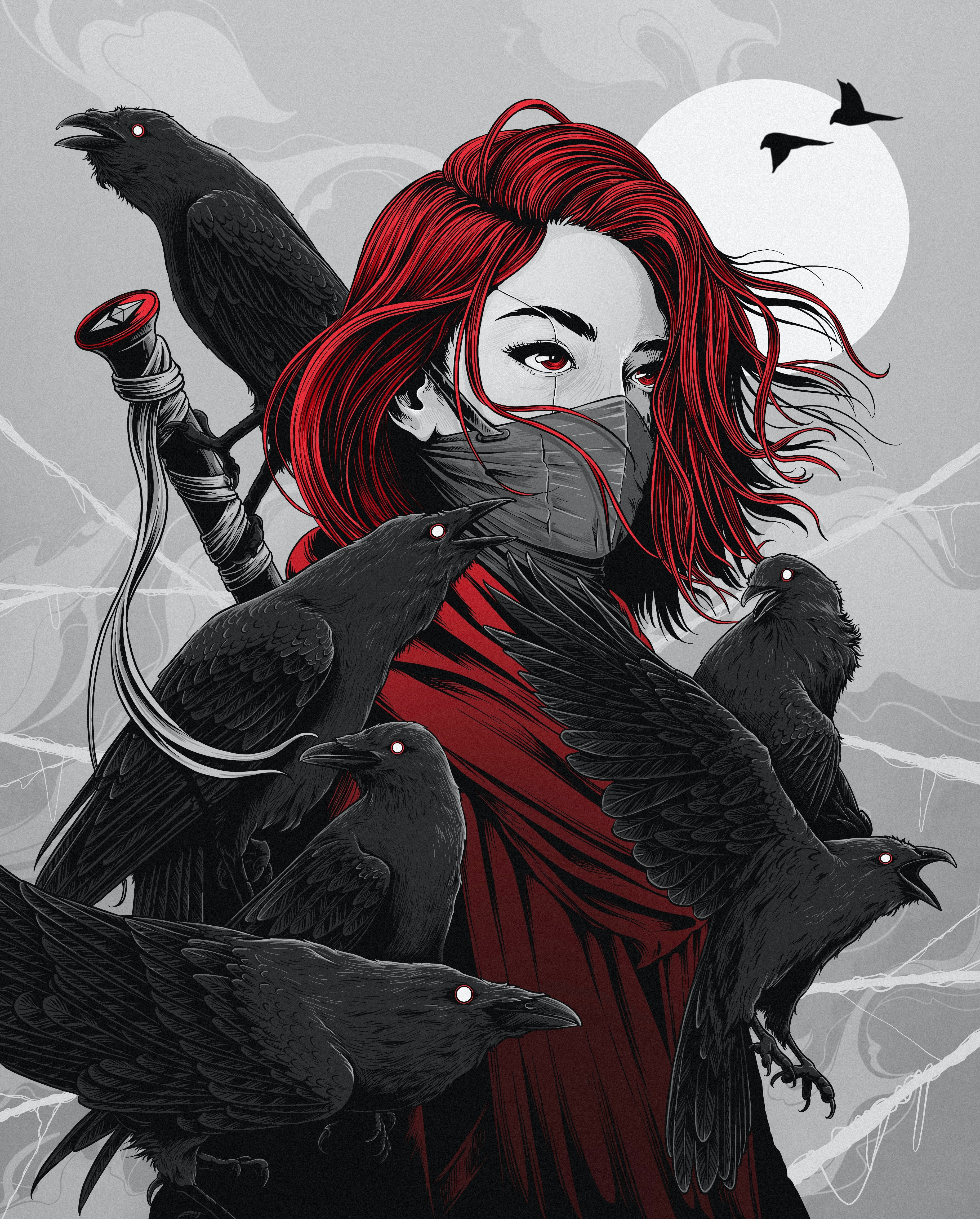 Woman with red hair and mask surrounded by ravens HD Phone Wallpaper