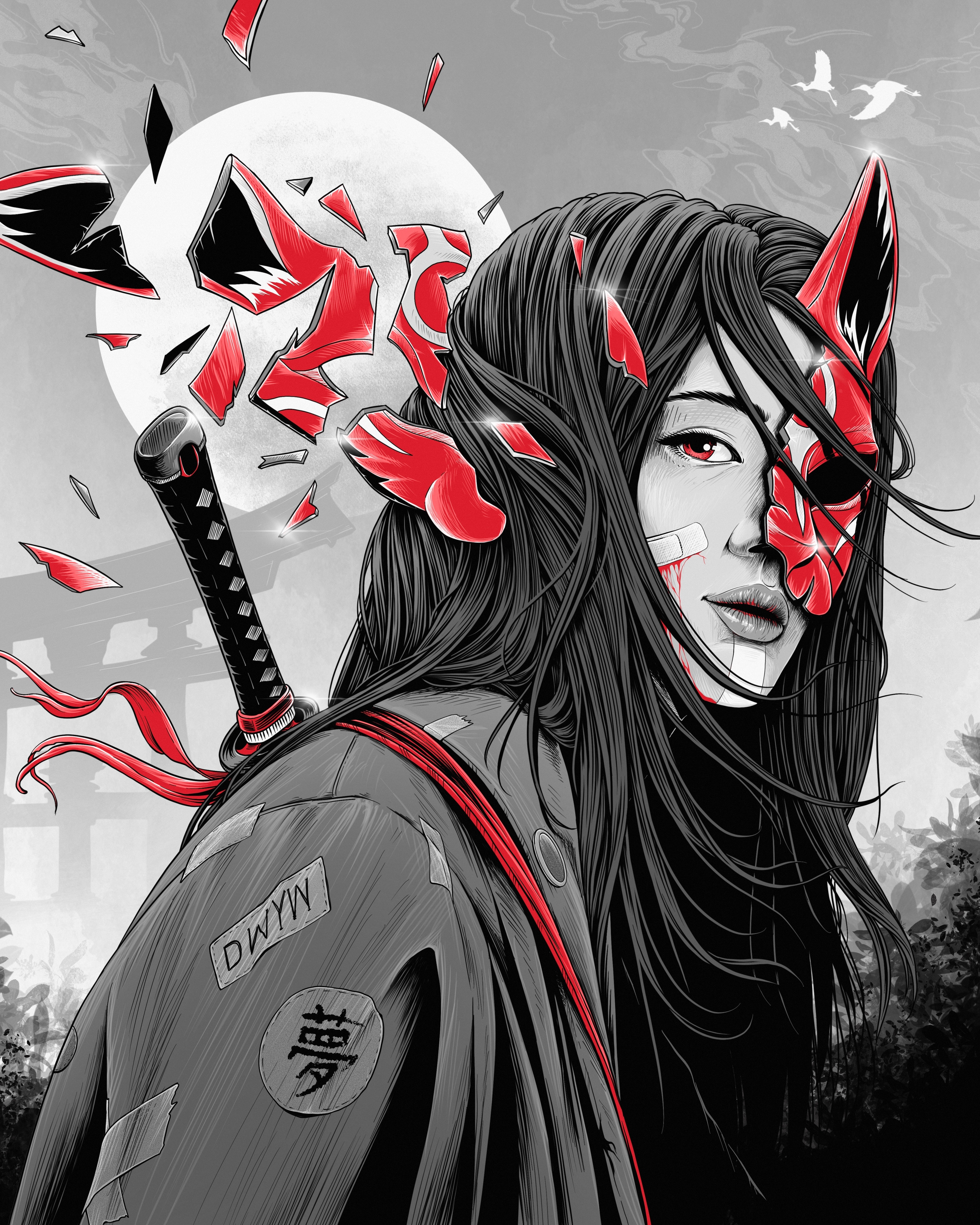 Woman with broken mask and katana HD Phone Wallpaper