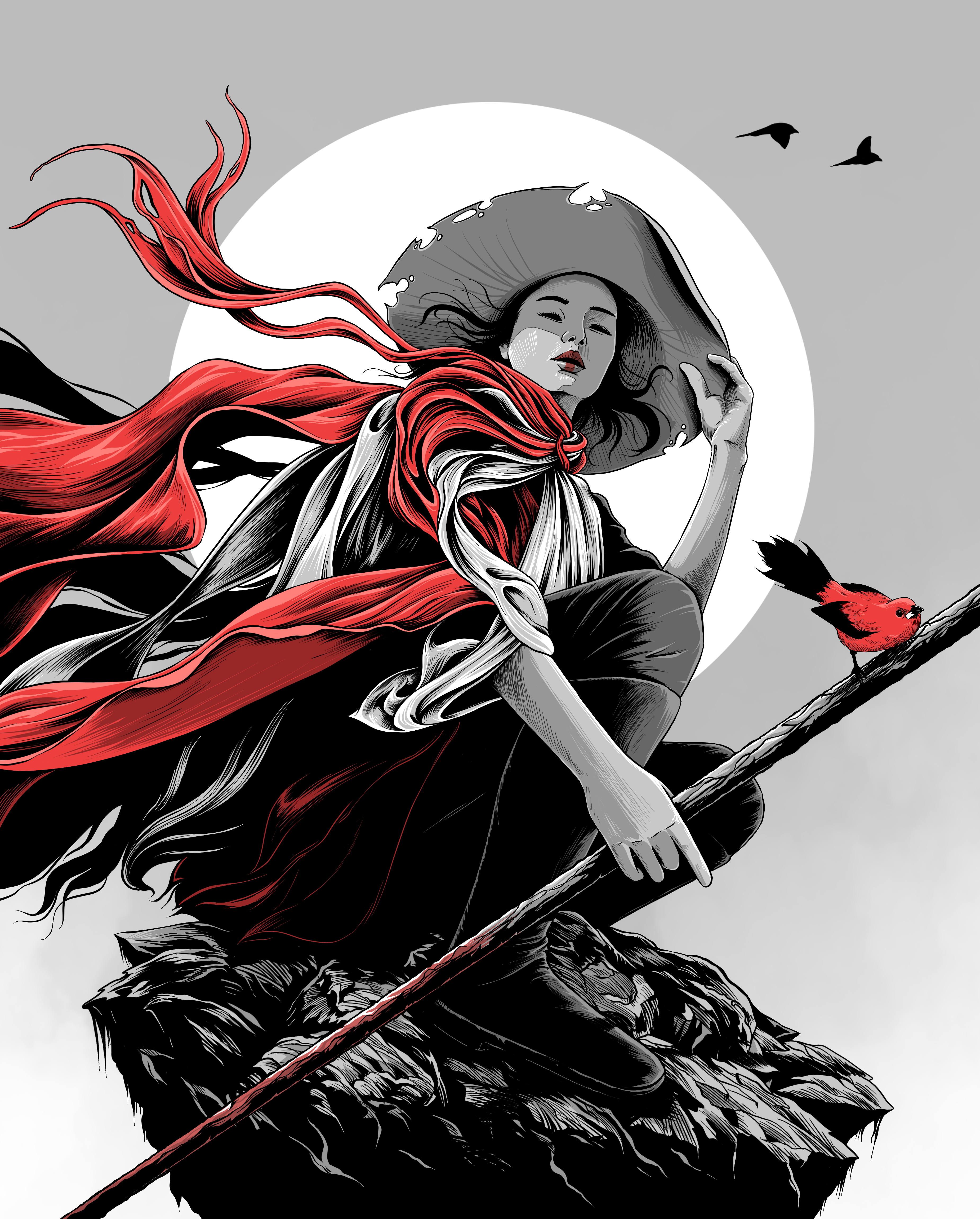 Woman in a large hat with a red scarf and birds HD Phone Wallpaper
