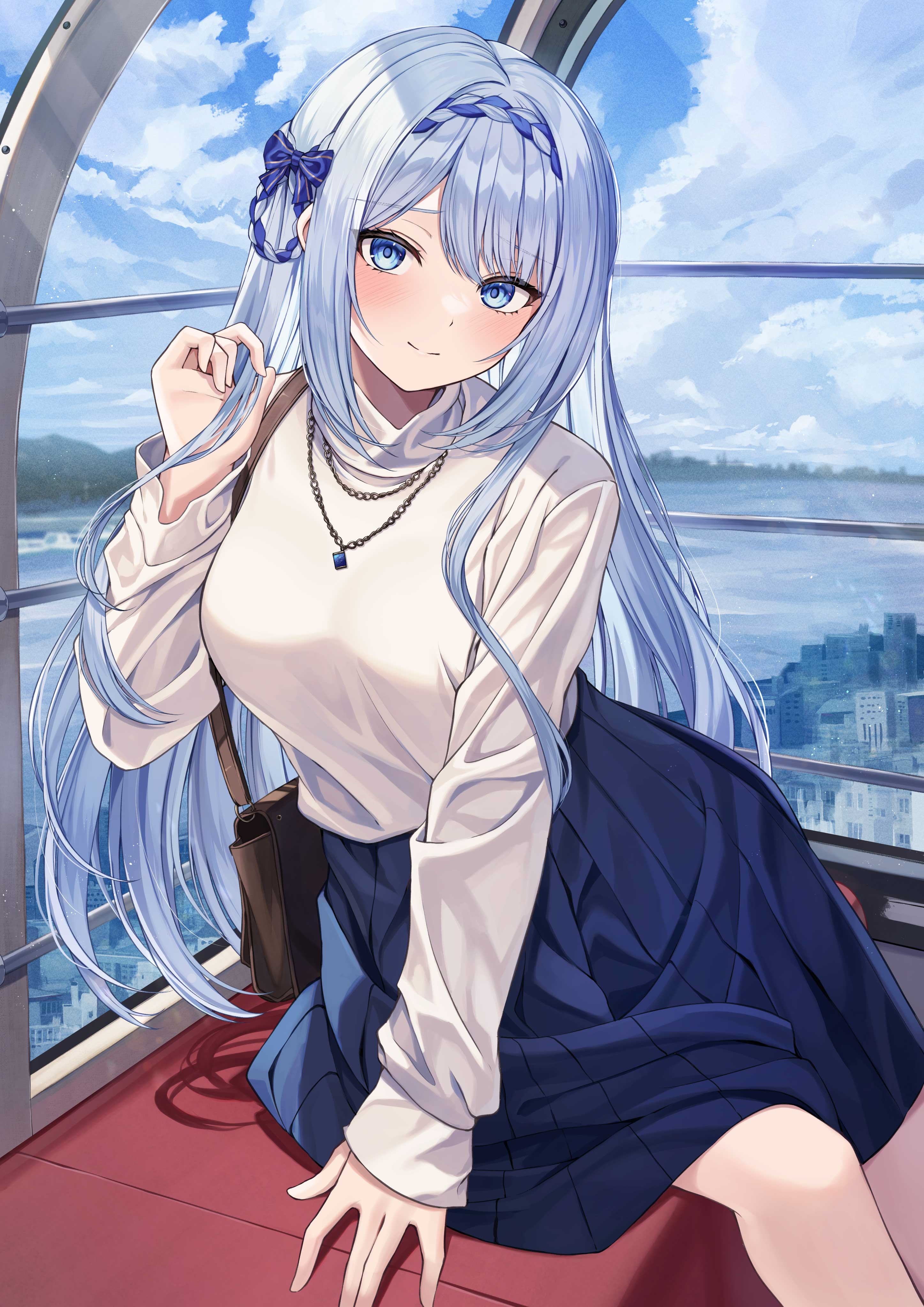 Anime girl with blue hair and eyes on a Ferris wheel HD Phone Wallpaper