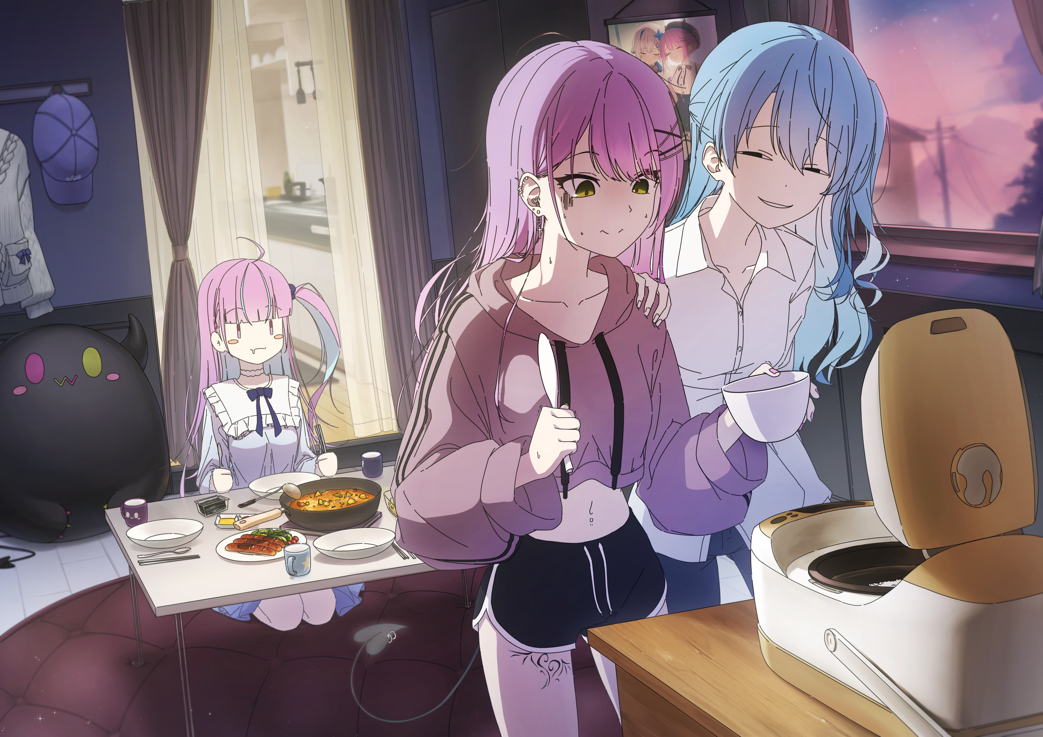 Anime girls cooking and eating dinner HD Wallpaper