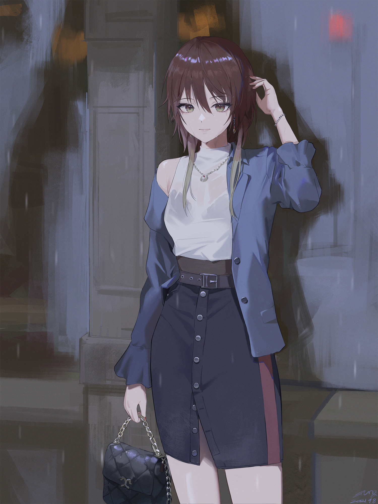 Anime girl in blue jacket and black skirt holding purse HD Phone Wallpaper