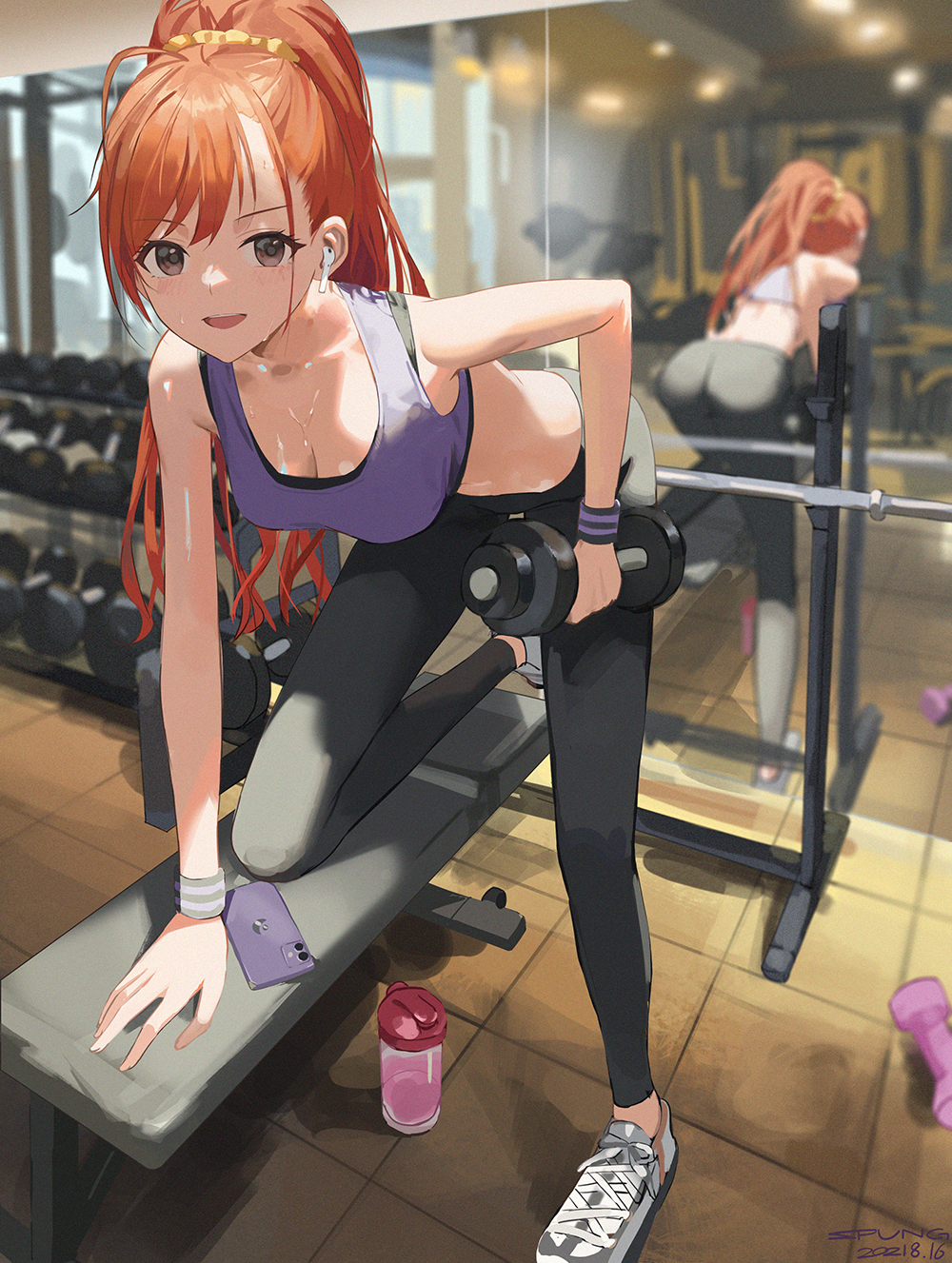 Anime girl working out with dumbbells in a gym HD Phone Wallpaper
