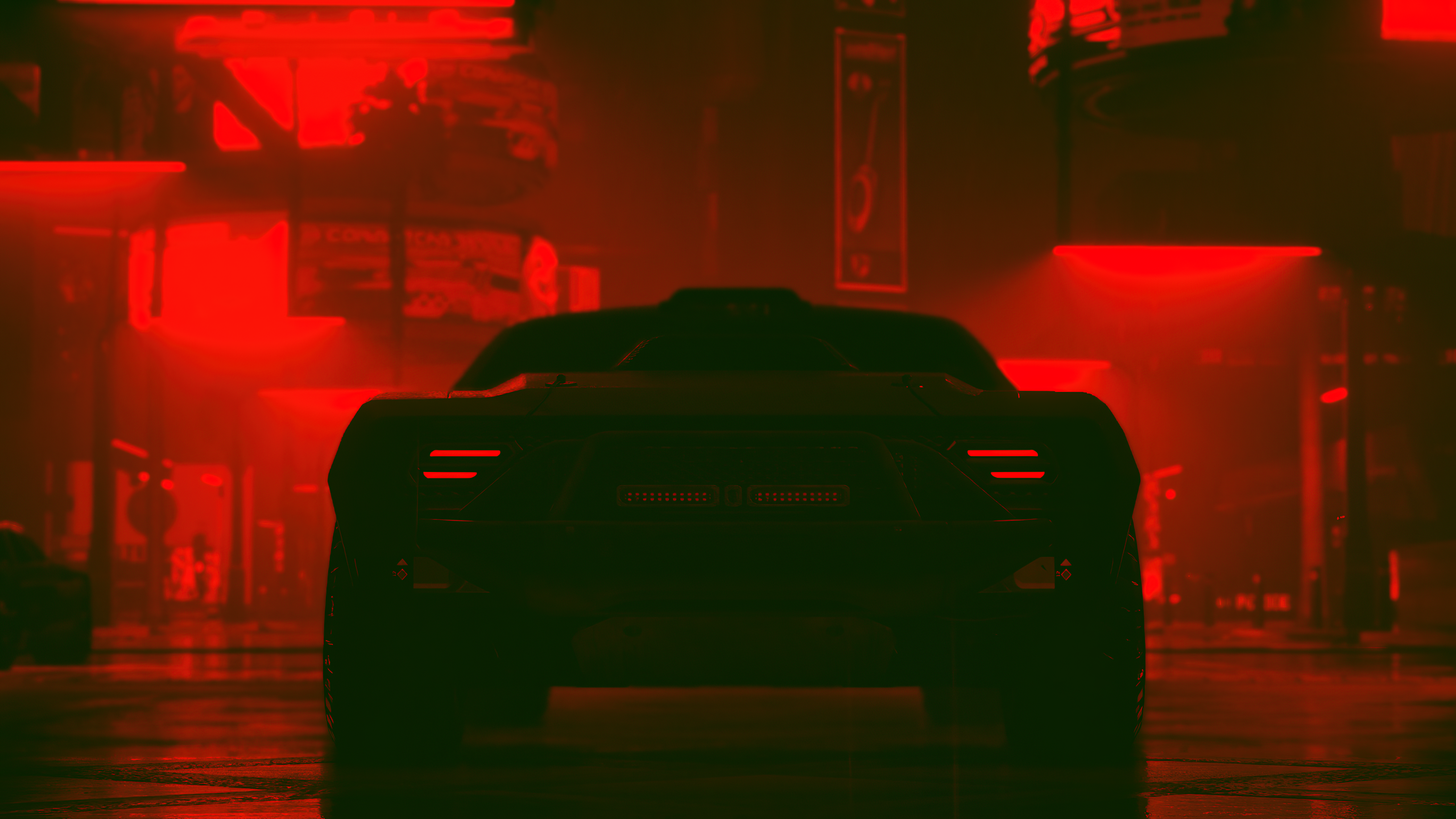 Cyberpunk 2077 car in a red neon city HD Wallpaper