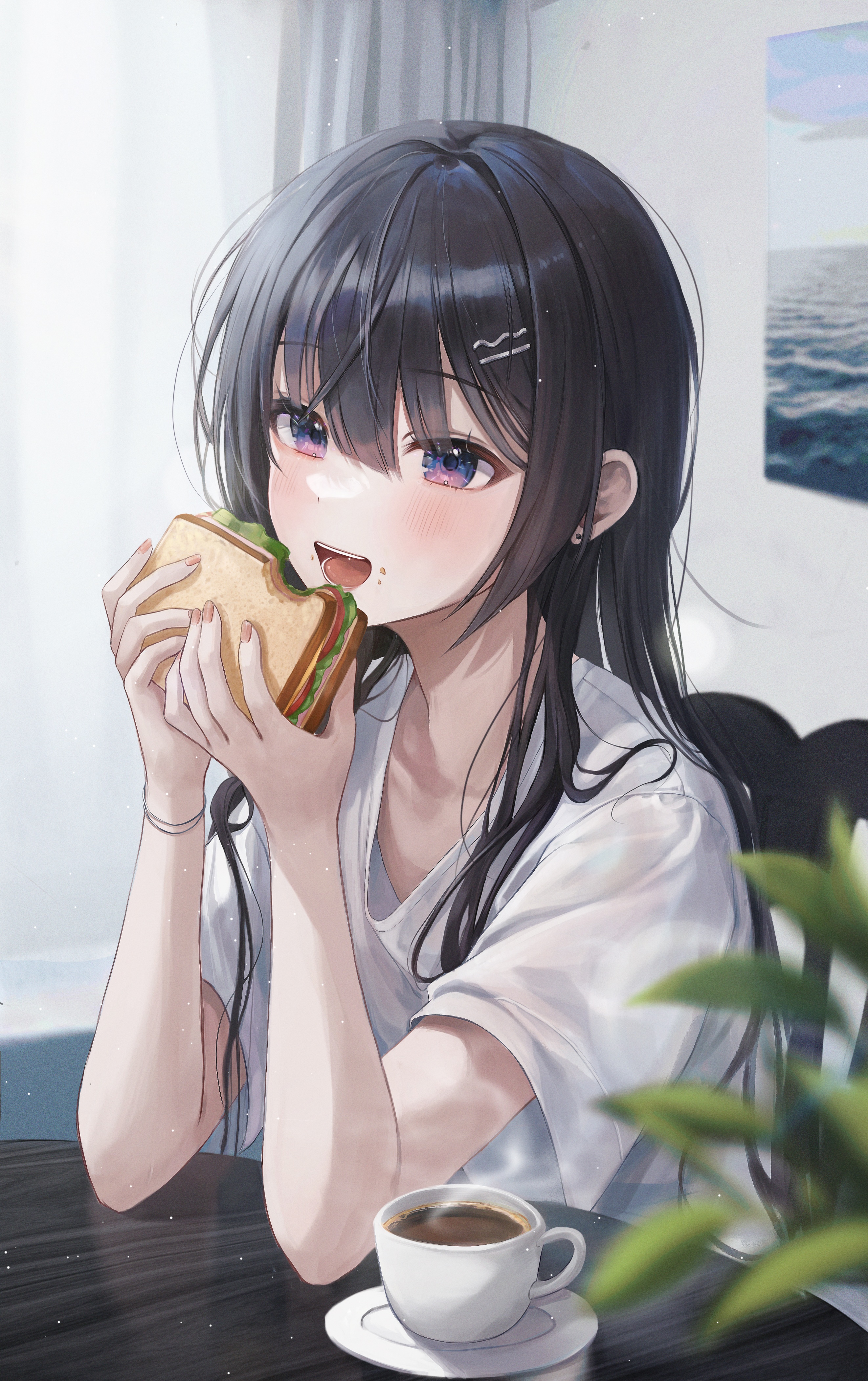 Anime girl eating a sandwich with coffee HD Phone Wallpaper