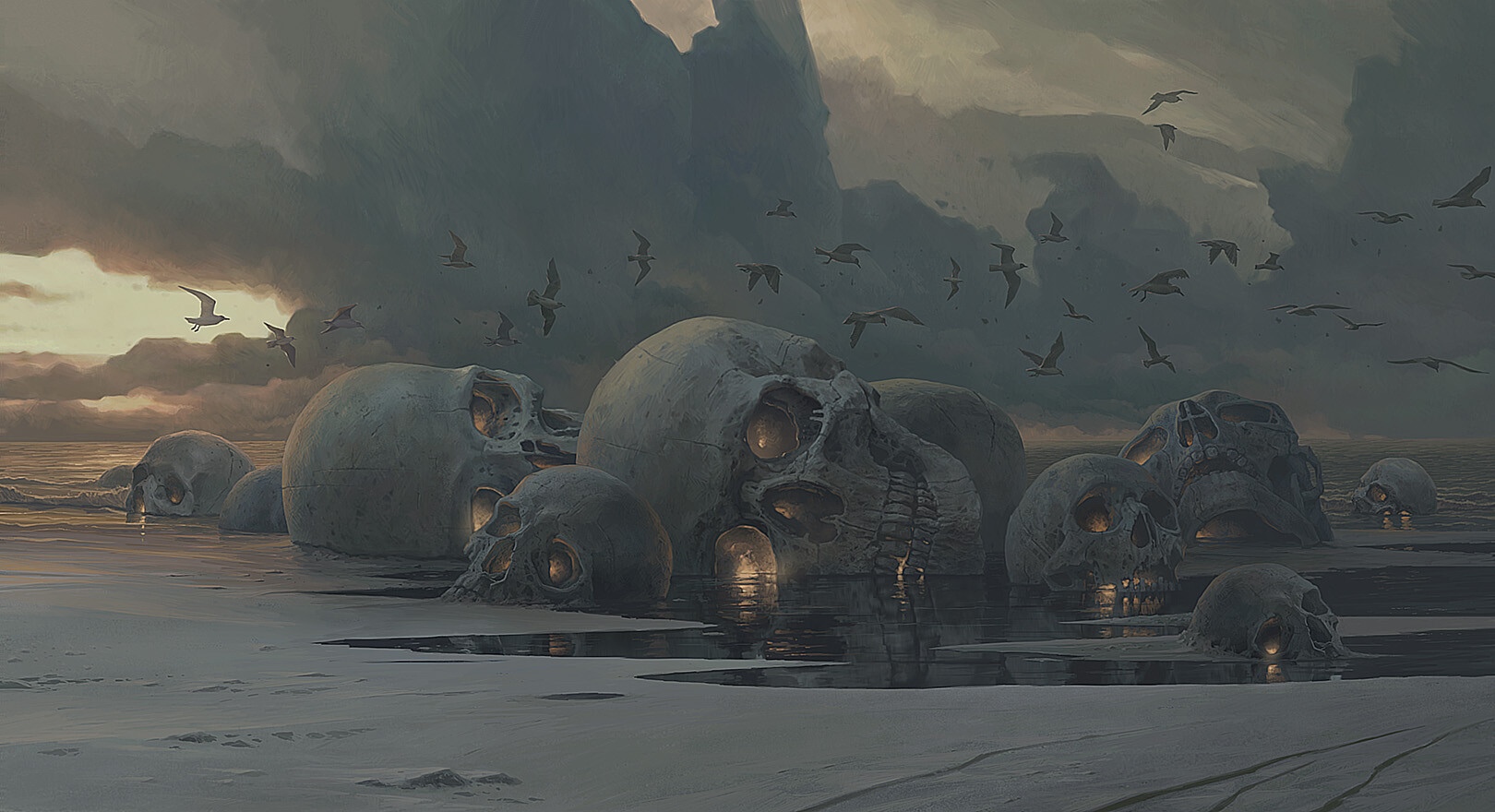 Giant skulls on a beach with birds flying HD Wallpaper