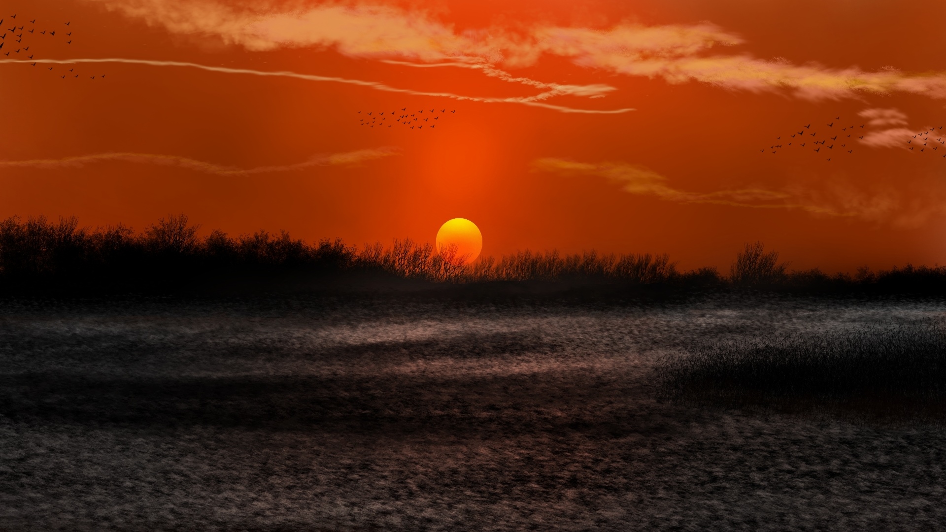 Digital painting of a sunset over a dark landscape HD Wallpaper