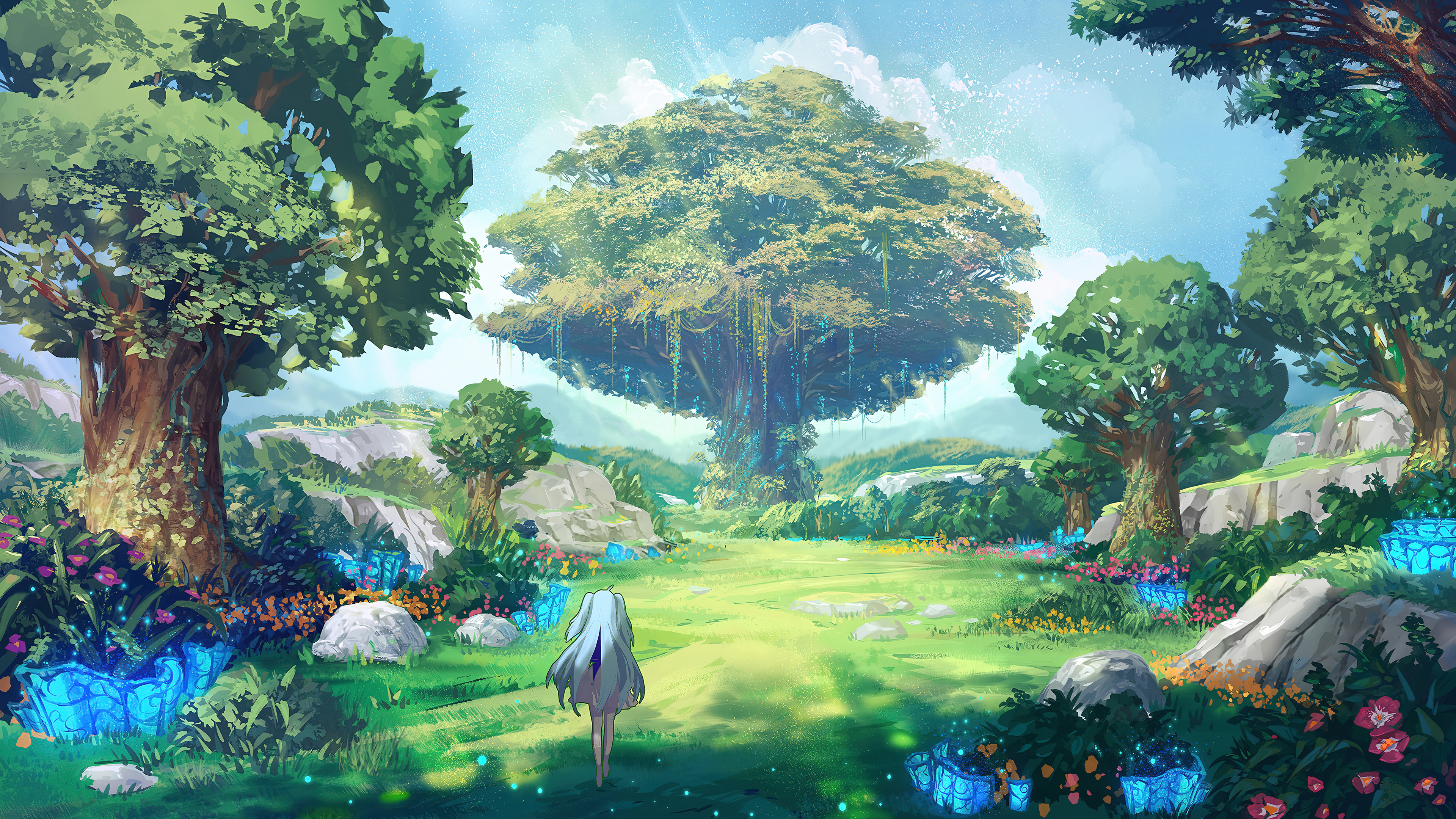 4K fantasy landscape with a giant tree and a girl HD Wallpaper