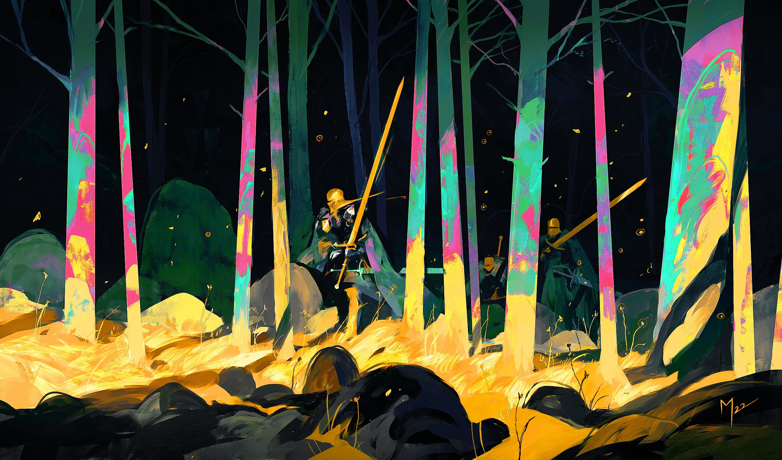 Fantasy art of knights with swords in a colorful forest HD Wallpaper