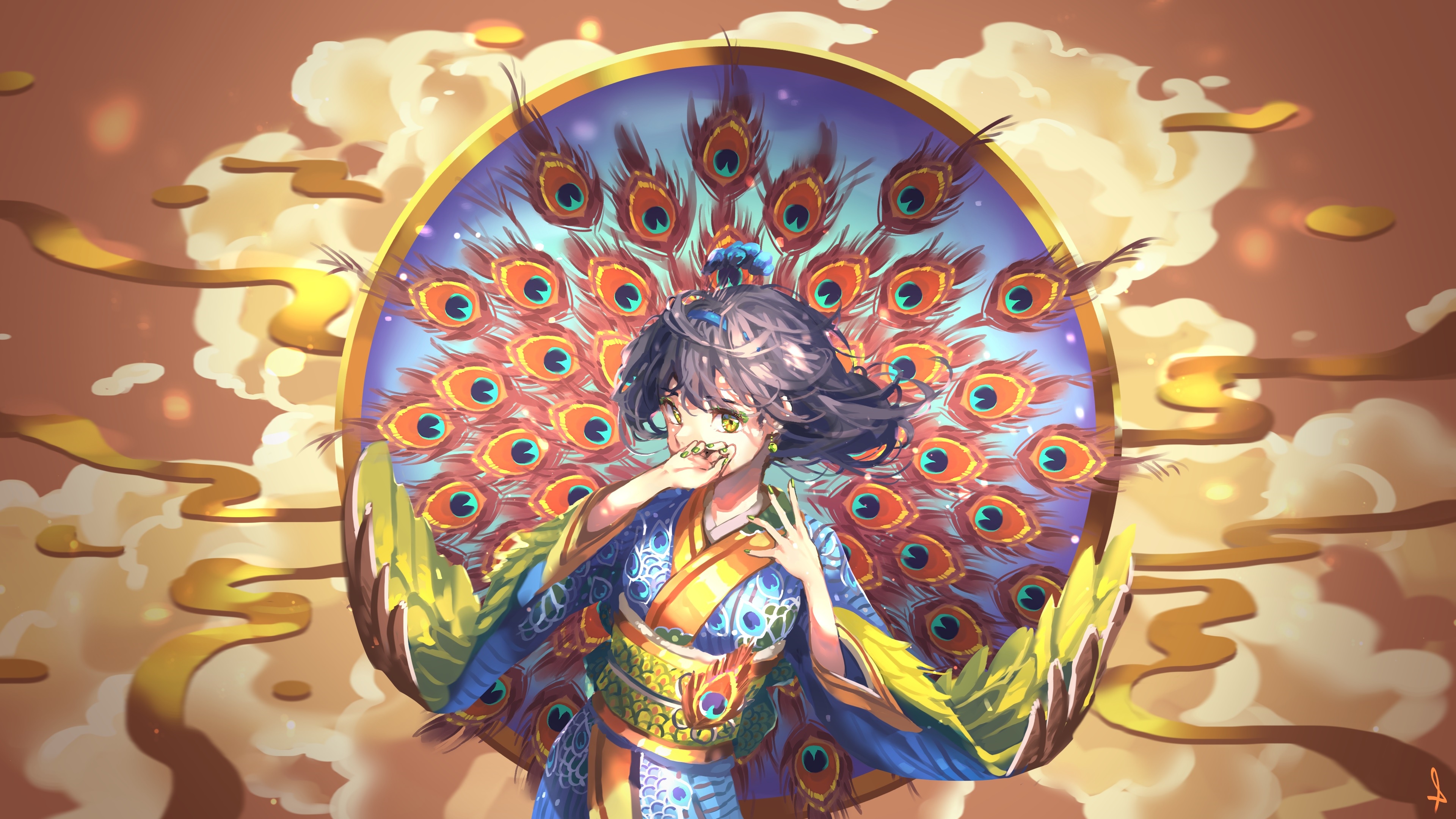Fantasy girl with peacock feathers and traditional clothing HD Wallpaper