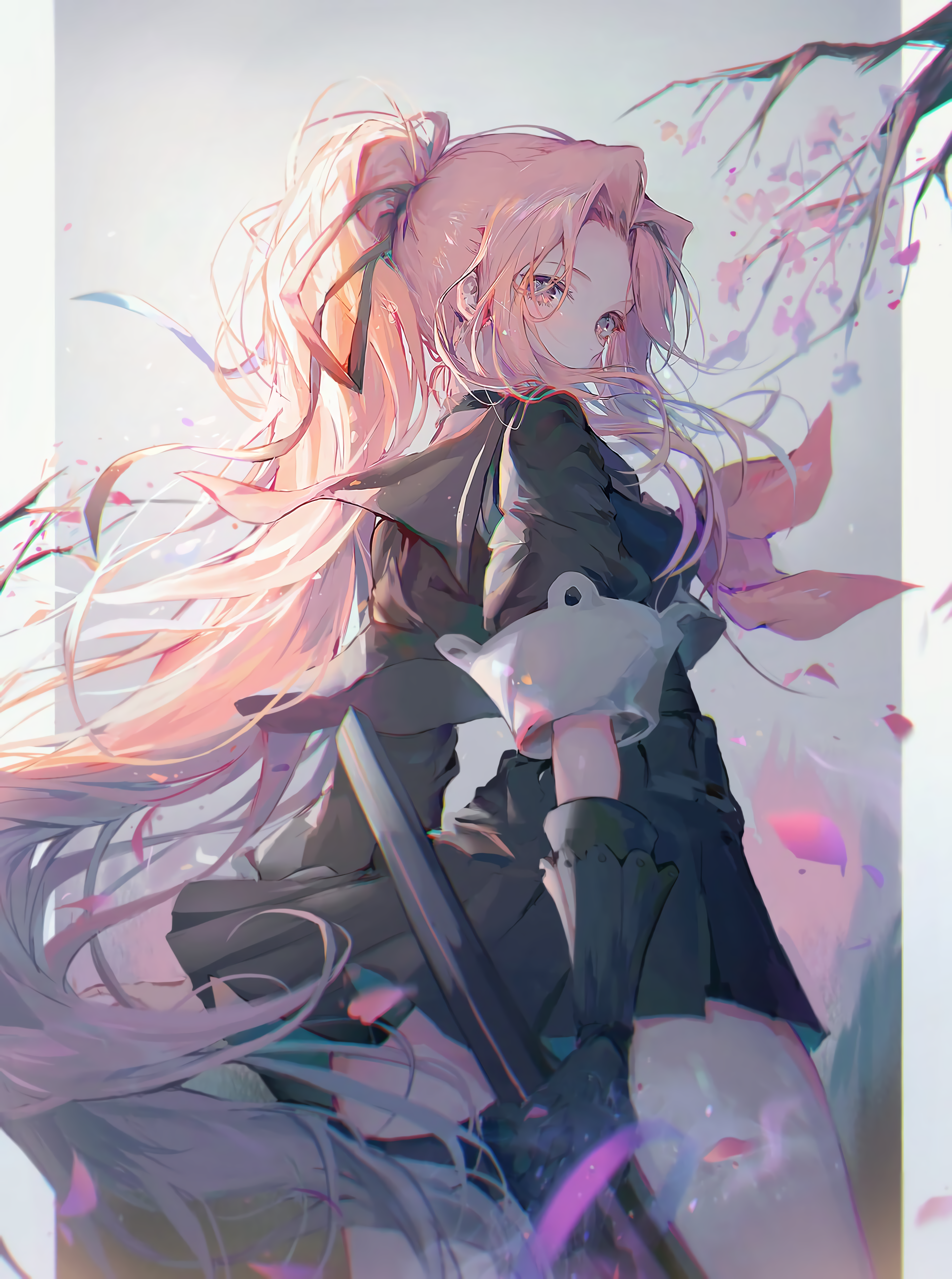 Anime girl with pink hair and ponytail looking back HD Phone Wallpaper