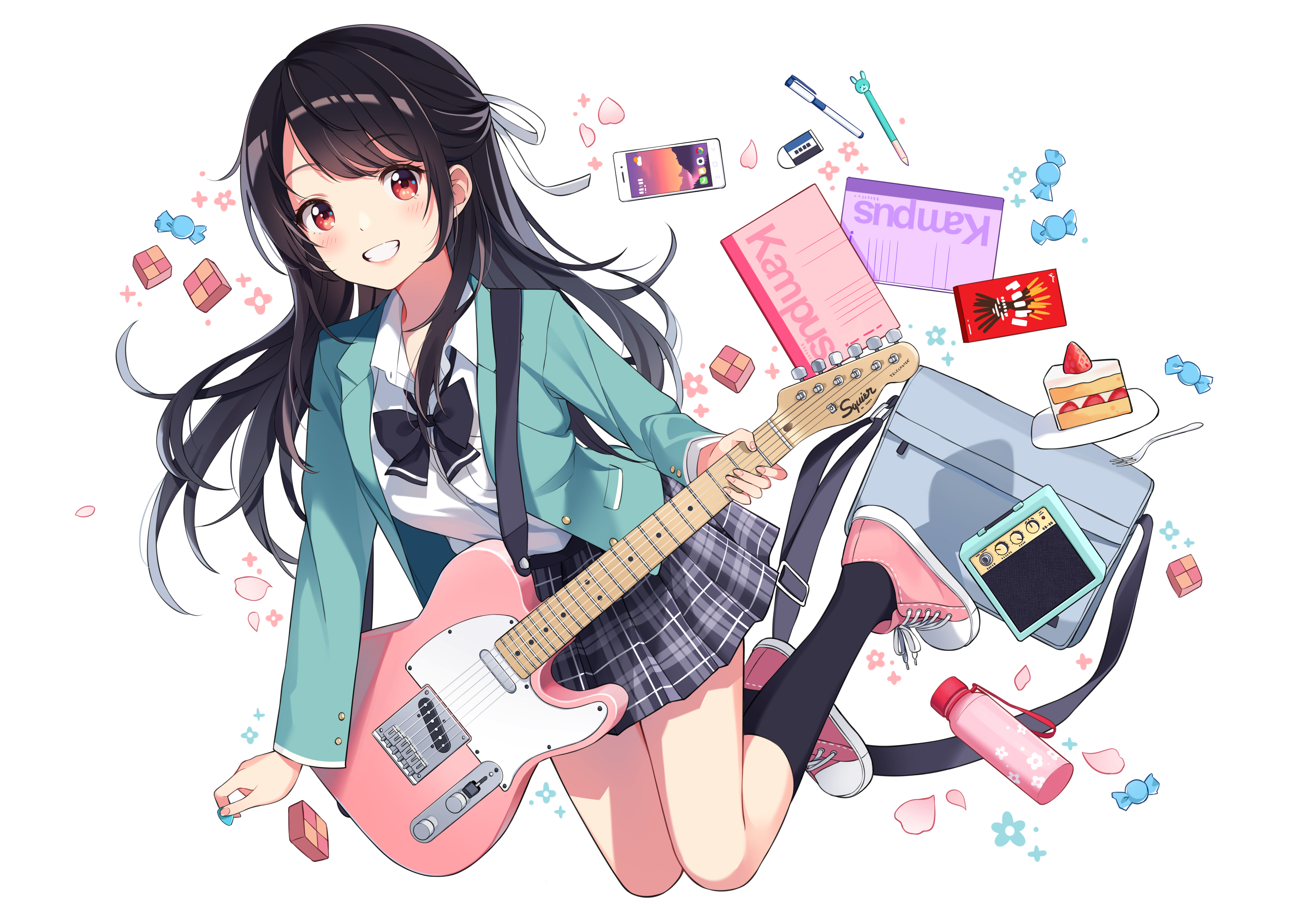 Anime schoolgirl with pink guitar and school supplies HD Wallpaper