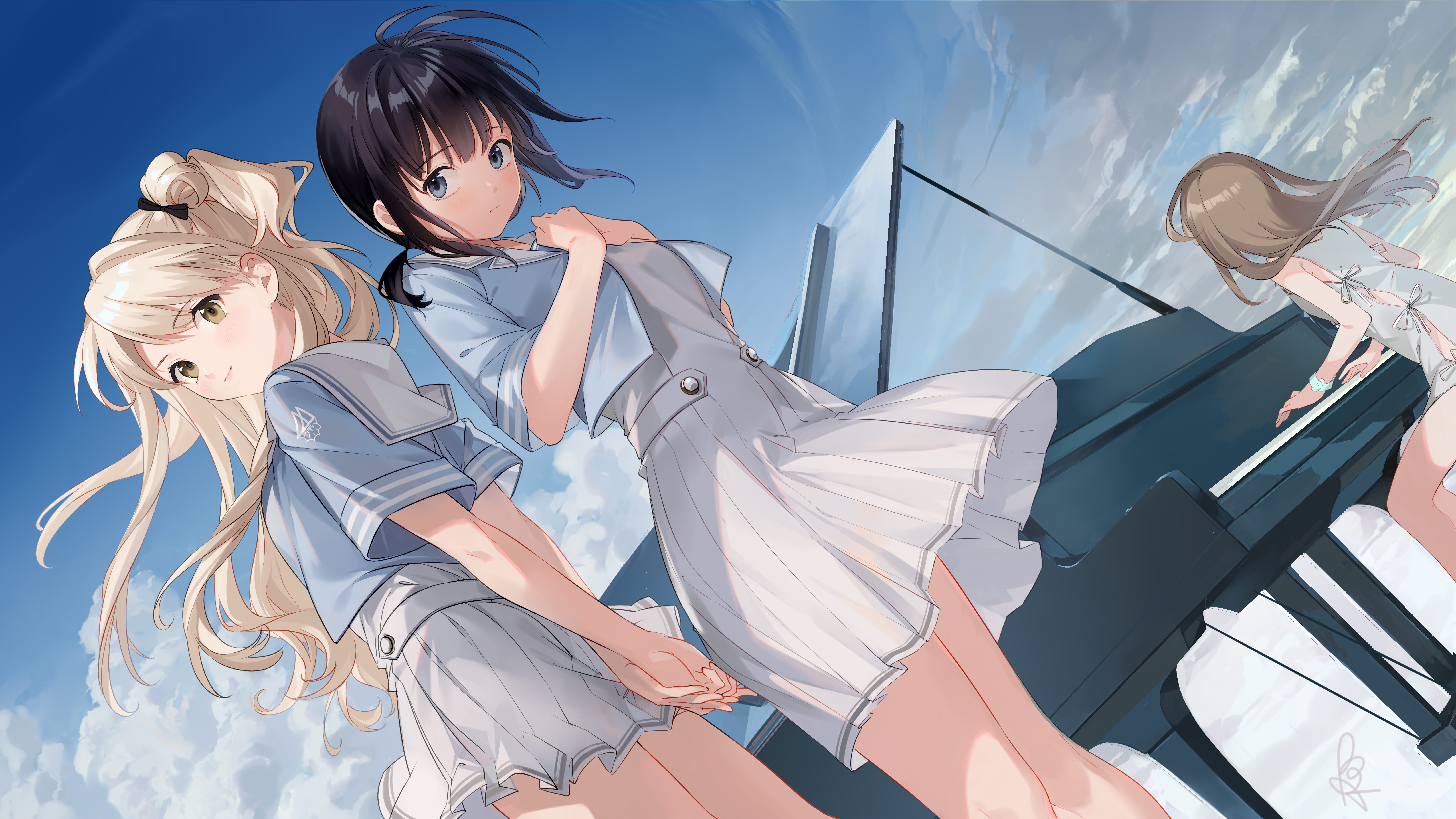 Anime girls in school uniforms by a piano HD Wallpaper