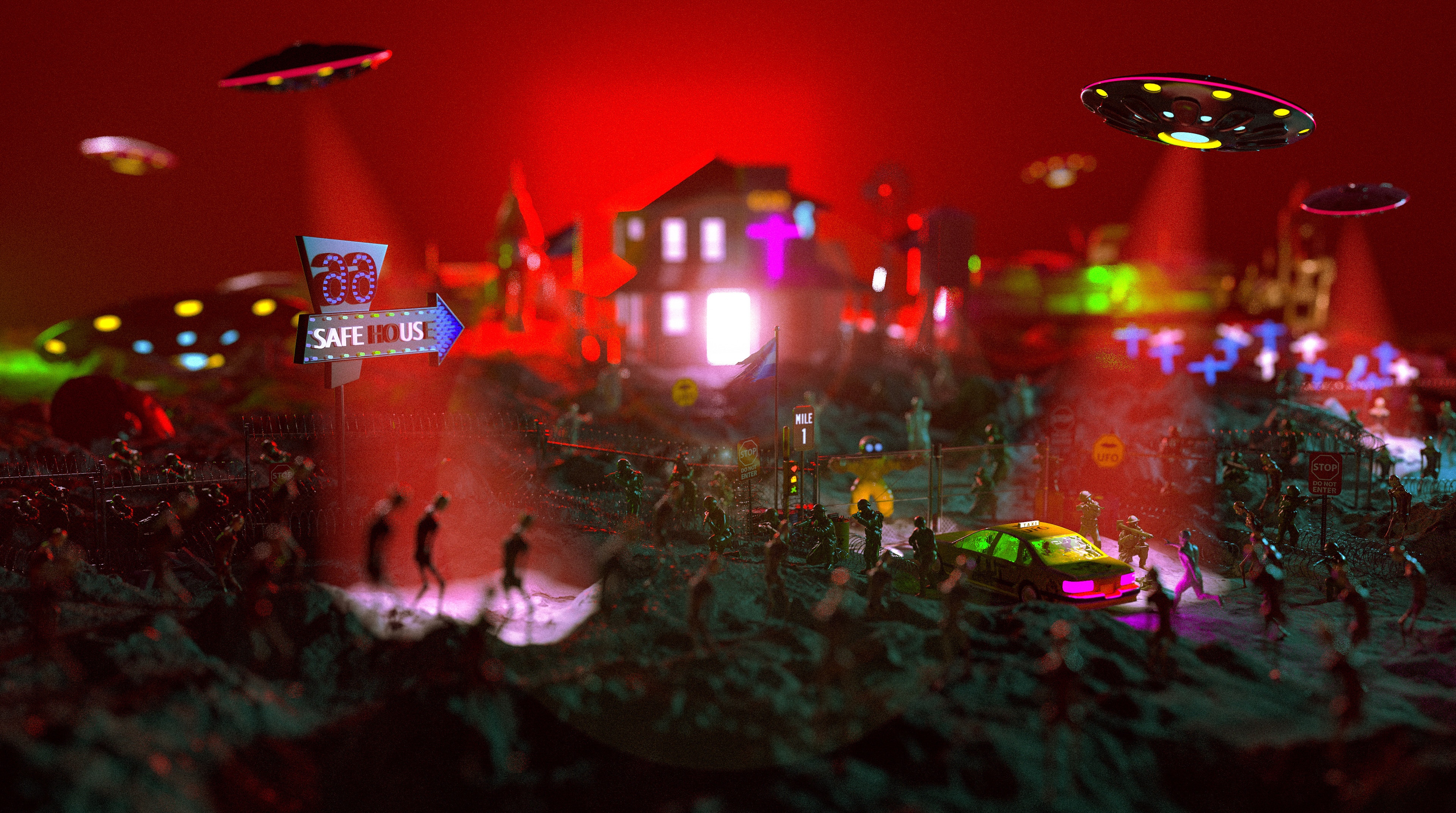4K UFO Invasion Miniature Effect HD Wallpaper