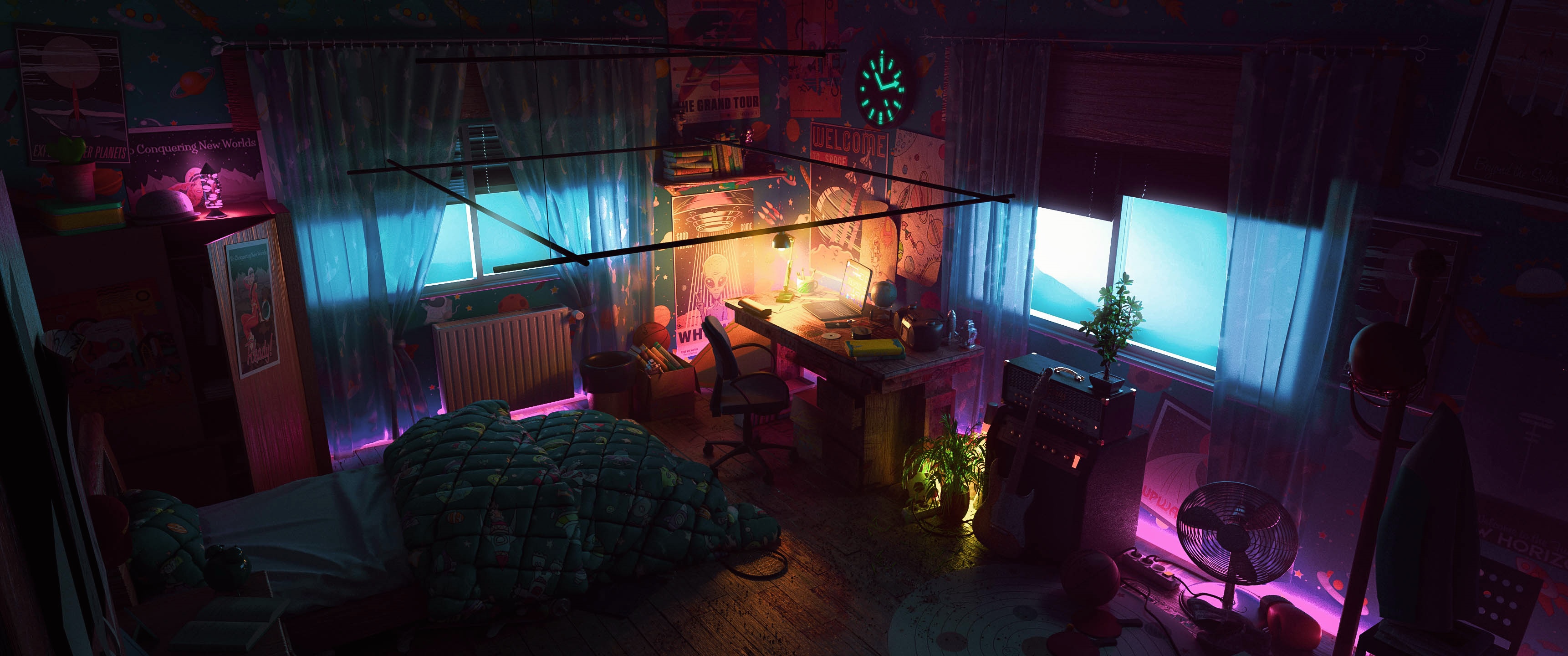 A neon-lit bedroom with a bed and desk HD Wallpaper