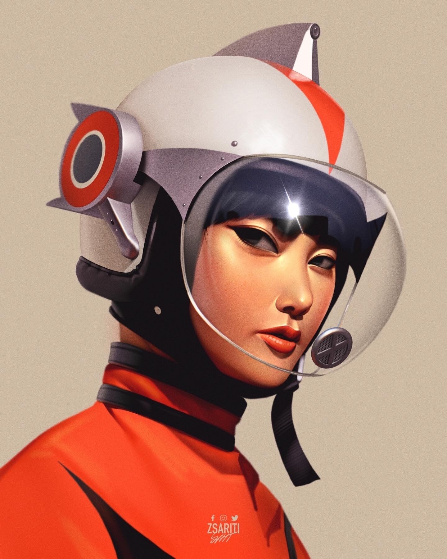Woman in a futuristic helmet and orange suit HD Phone Wallpaper