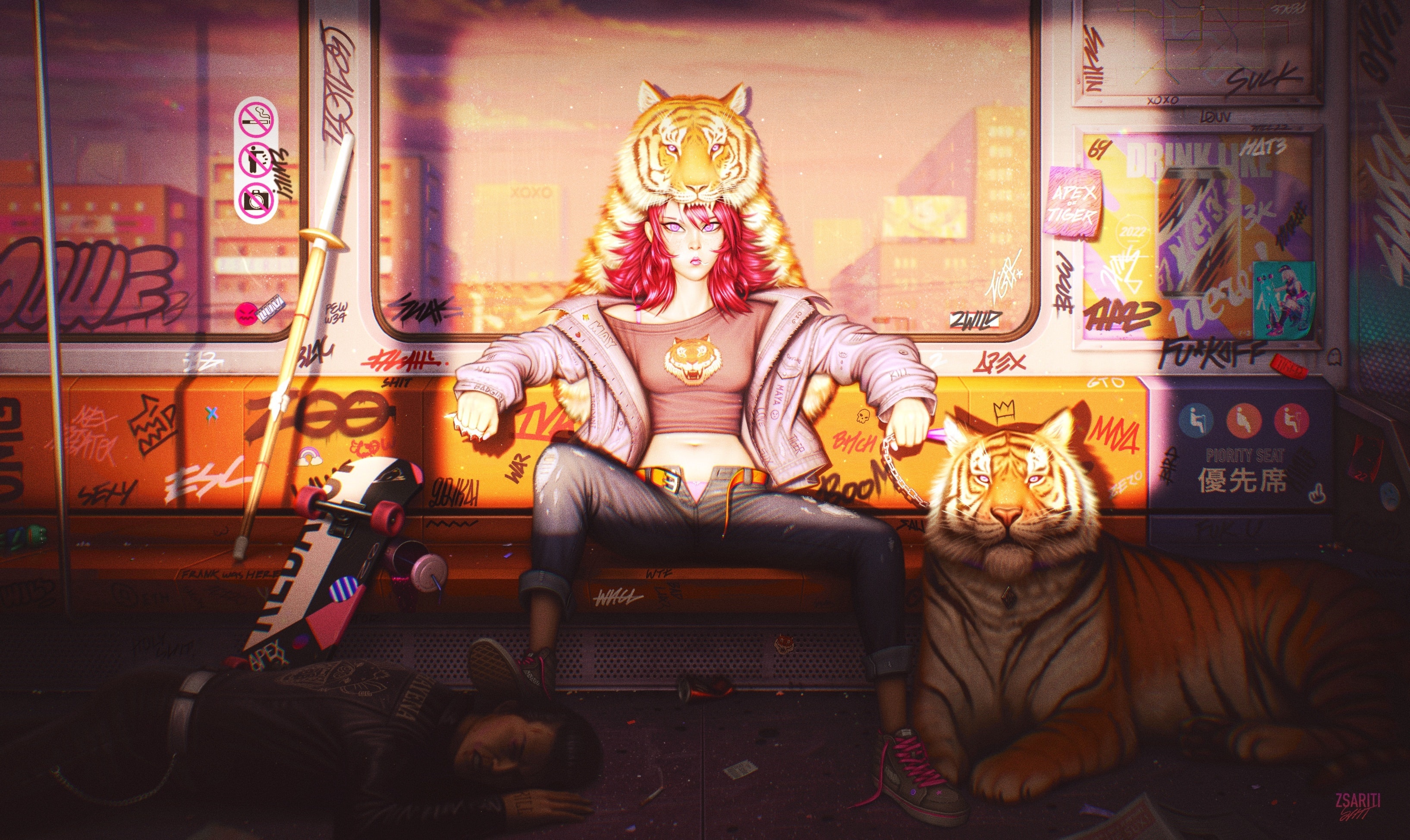Woman with tiger hat and tiger on a train HD Wallpaper