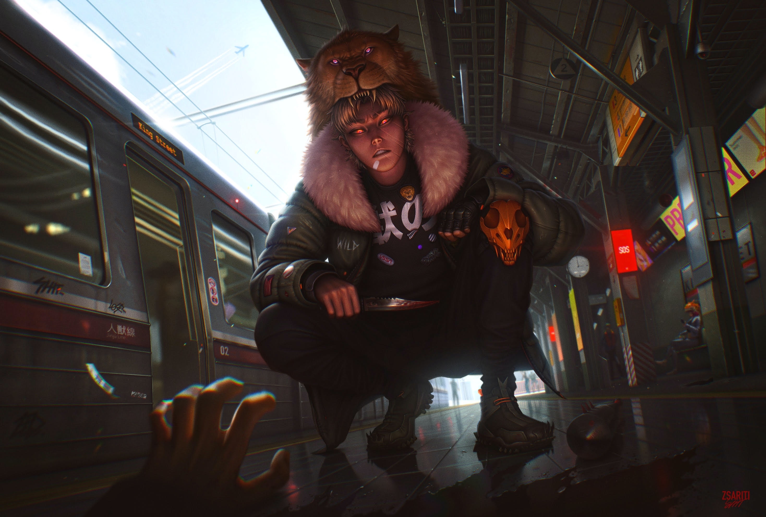 Character with tiger headpiece at a train station HD Wallpaper