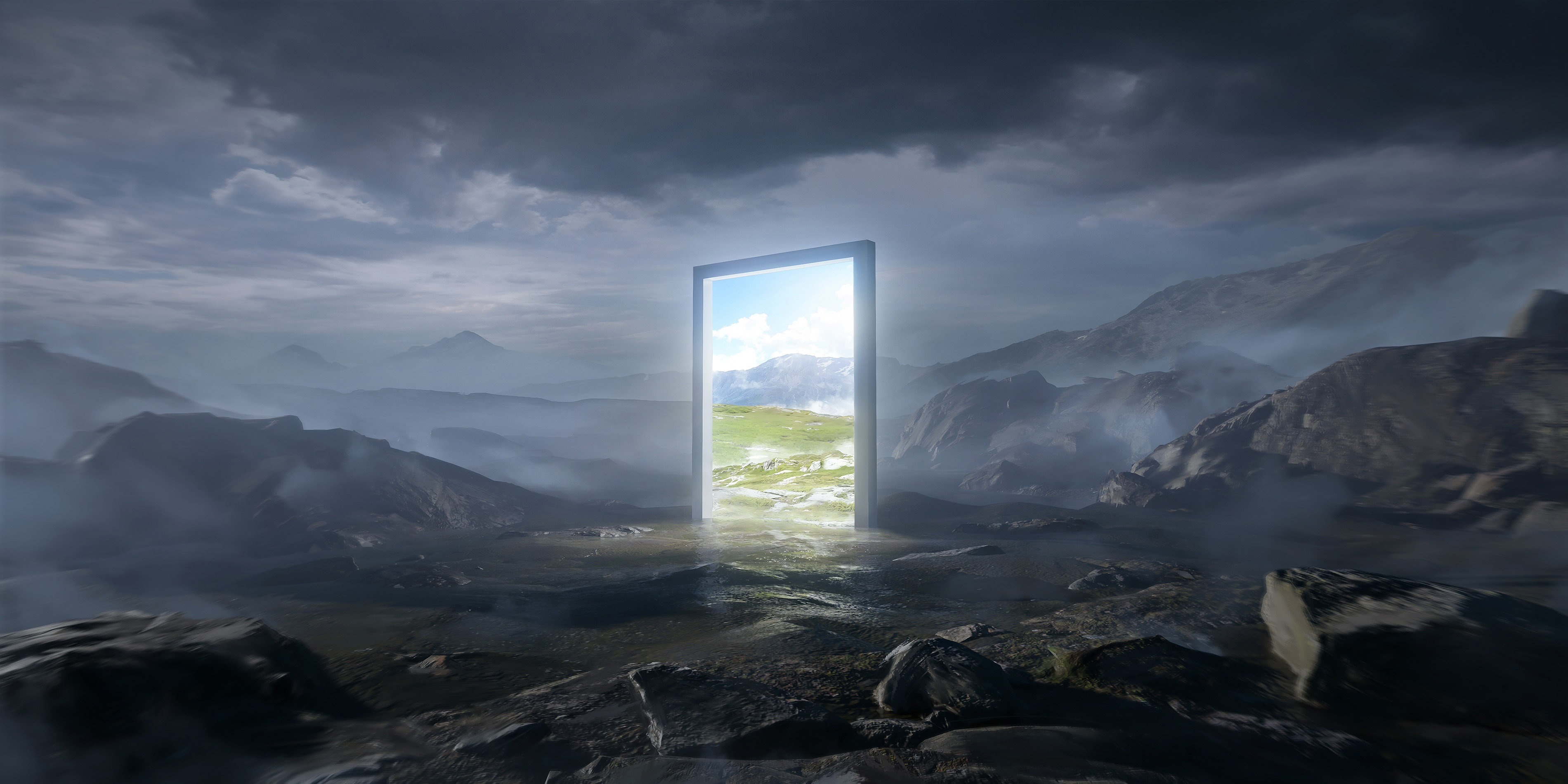 Fantasy landscape with a glowing portal to a green valley HD Wallpaper