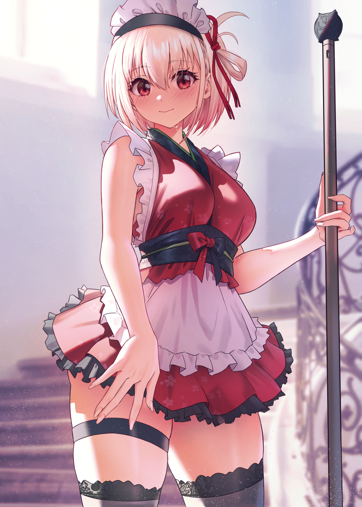 Nishikigi Chisato in a maid outfit holding a staff HD Phone Wallpaper