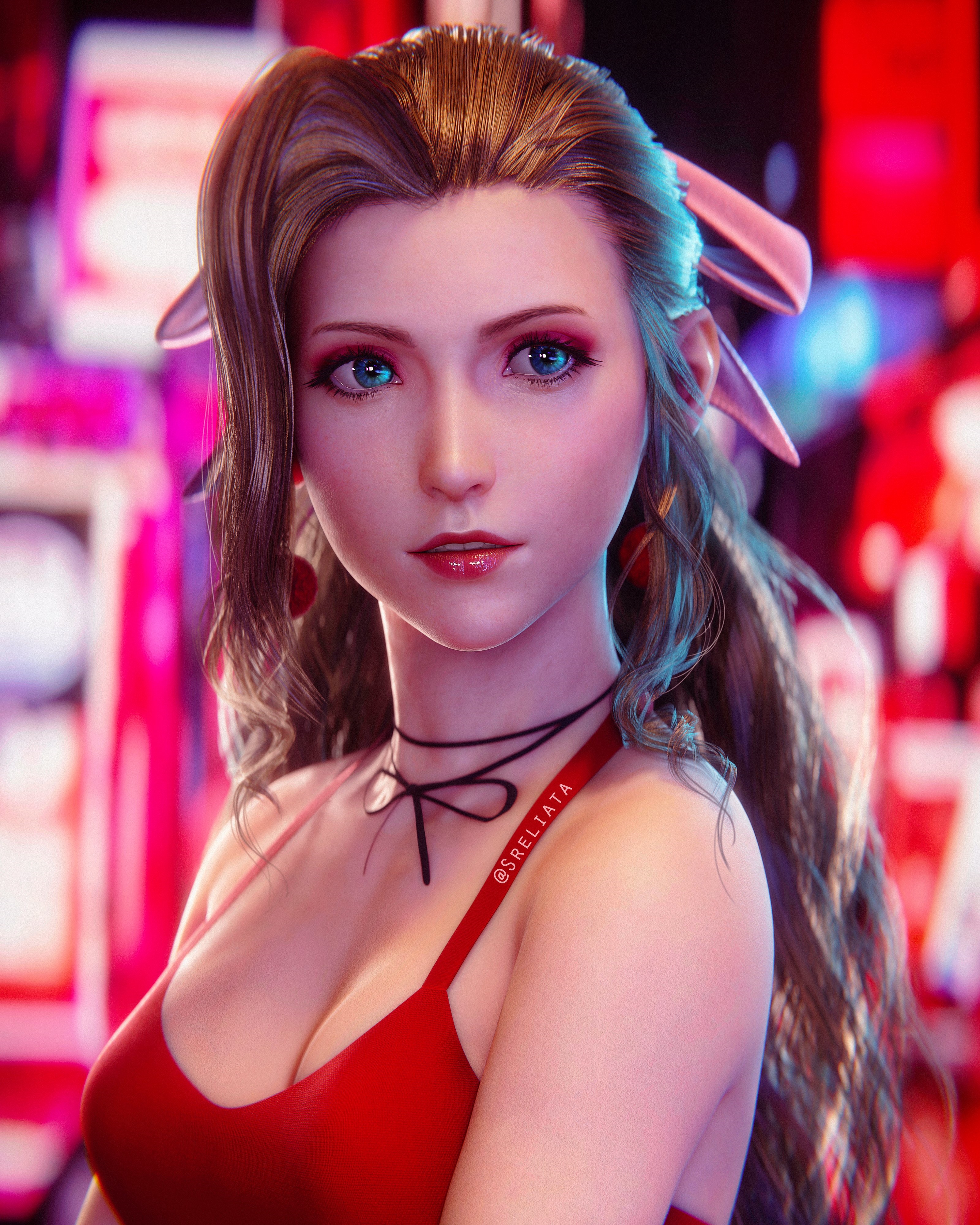 Aerith Gainsborough in a red dress with neon lights HD Phone Wallpaper