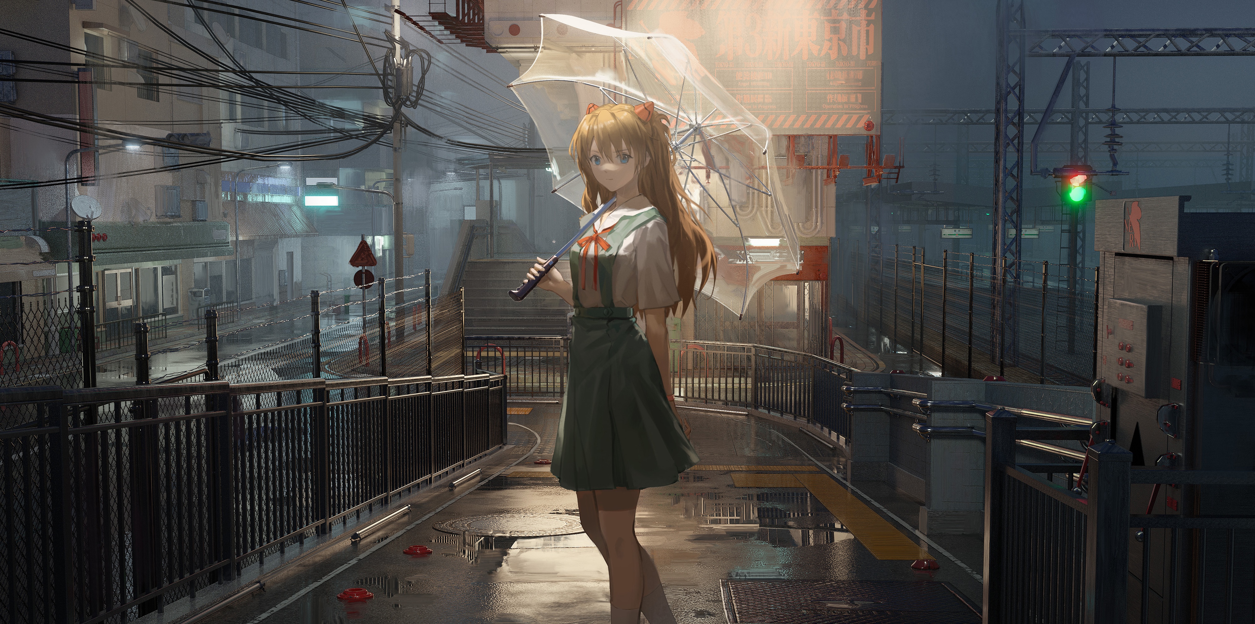 Asuka Langley Soryu with Umbrella in Rainy City HD Wallpaper