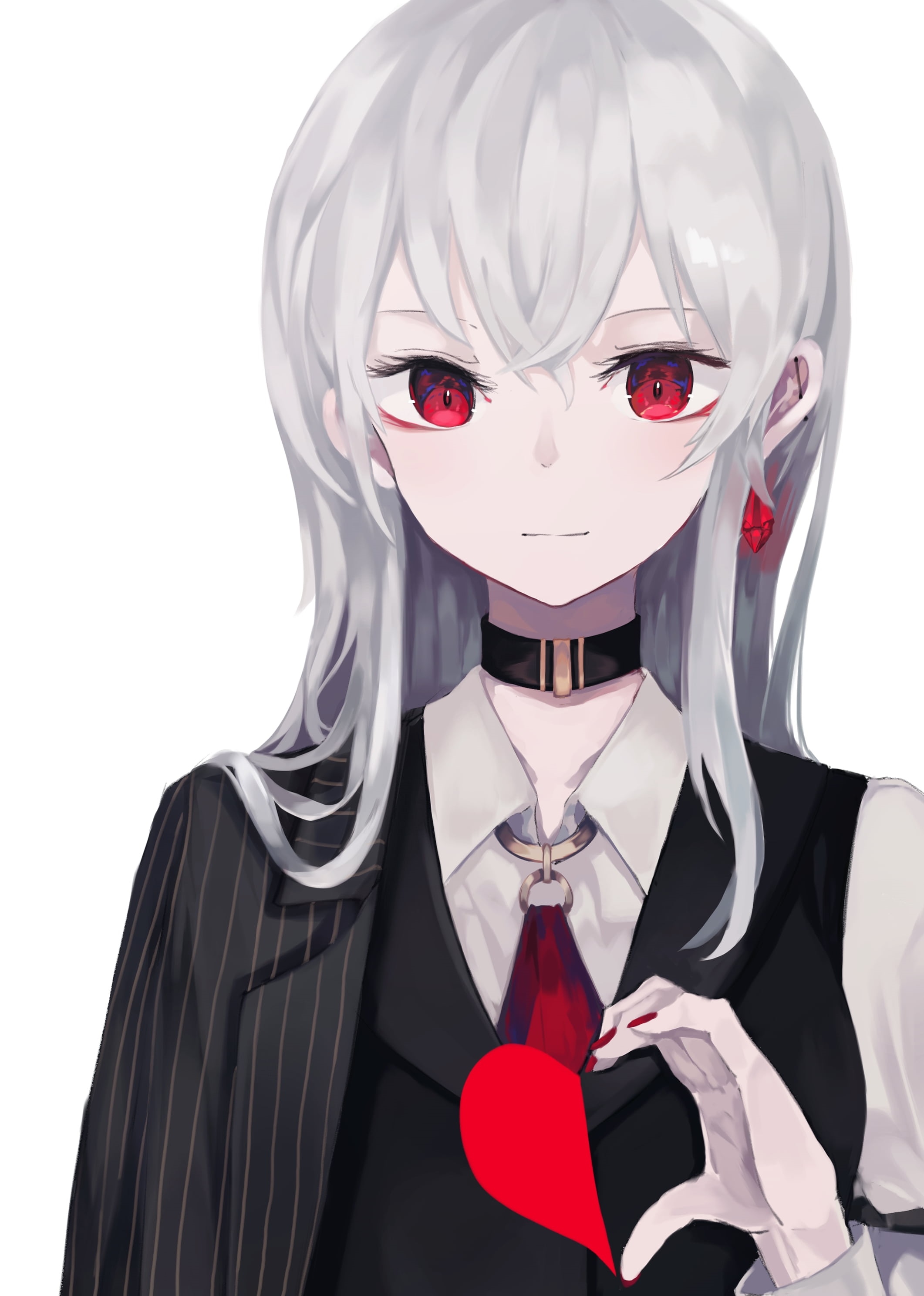 Anime girl with white hair and red eyes holding a heart HD Phone Wallpaper