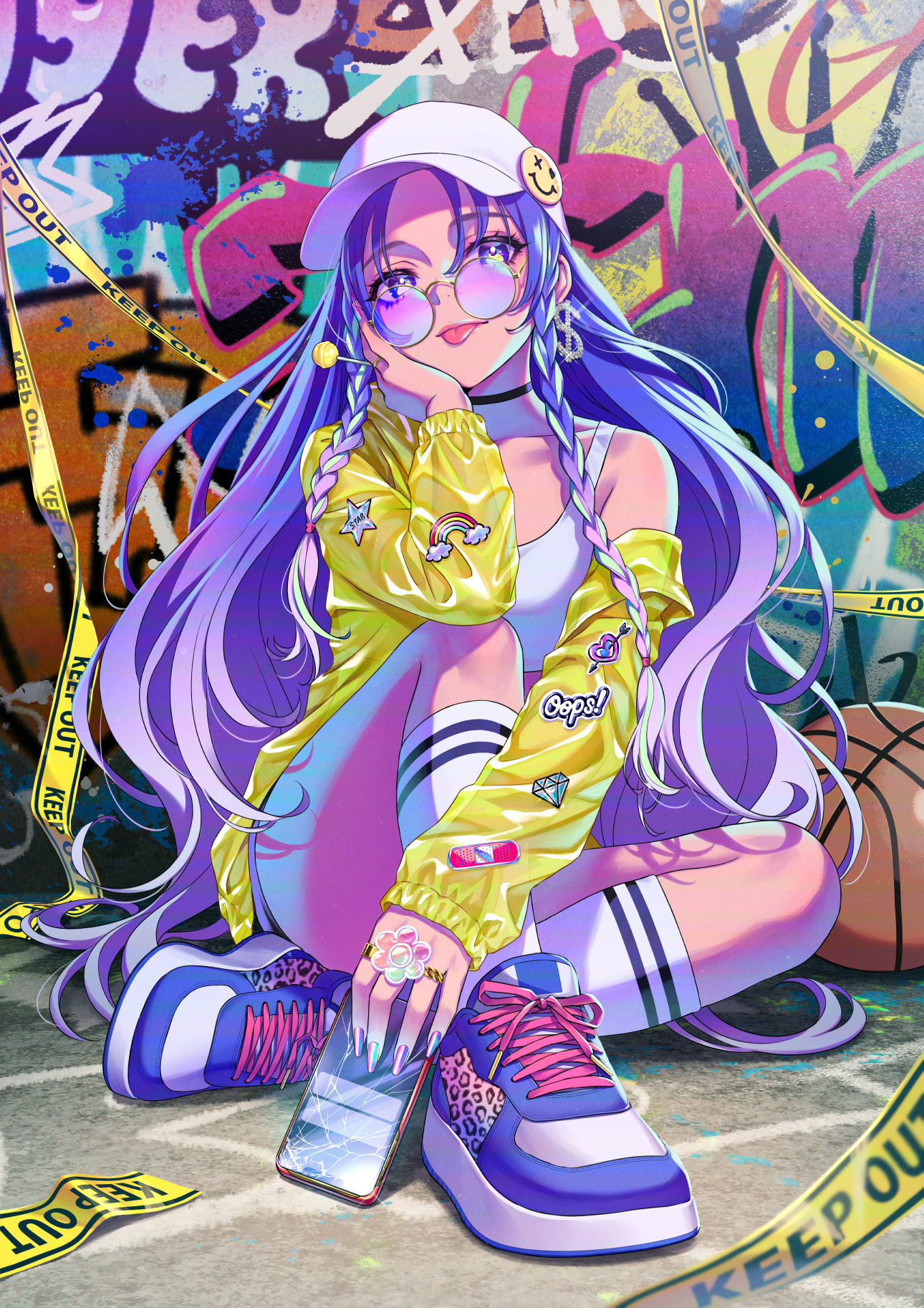 Anime girl with purple hair and sunglasses in graffiti background HD Phone Wallpaper