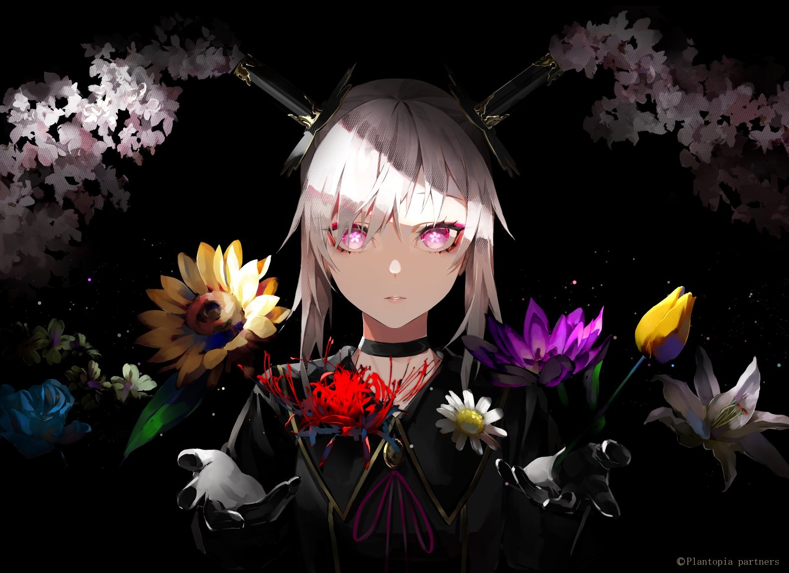 Girl with white hair and pink eyes surrounded by flowers HD Wallpaper