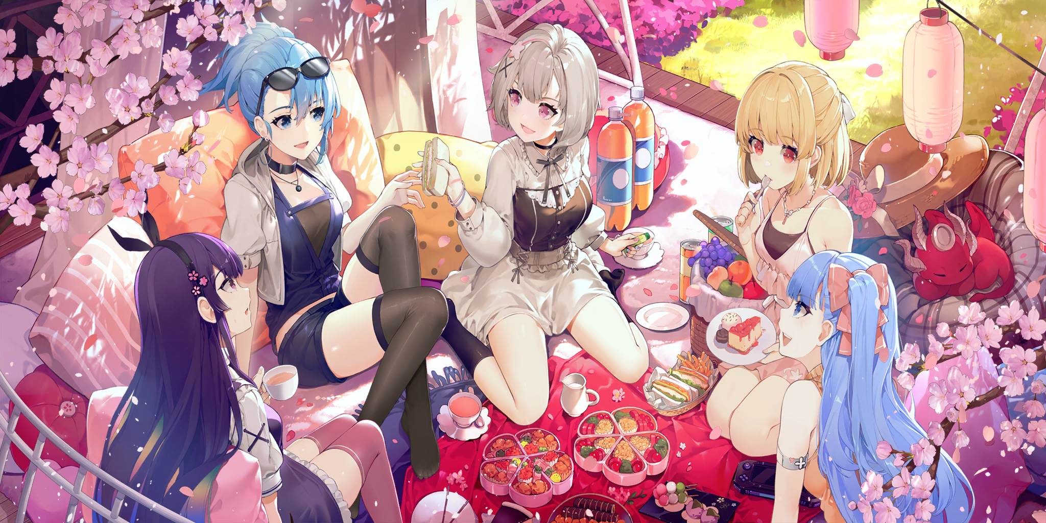 Anime girls having a picnic under cherry blossoms HD Wallpaper