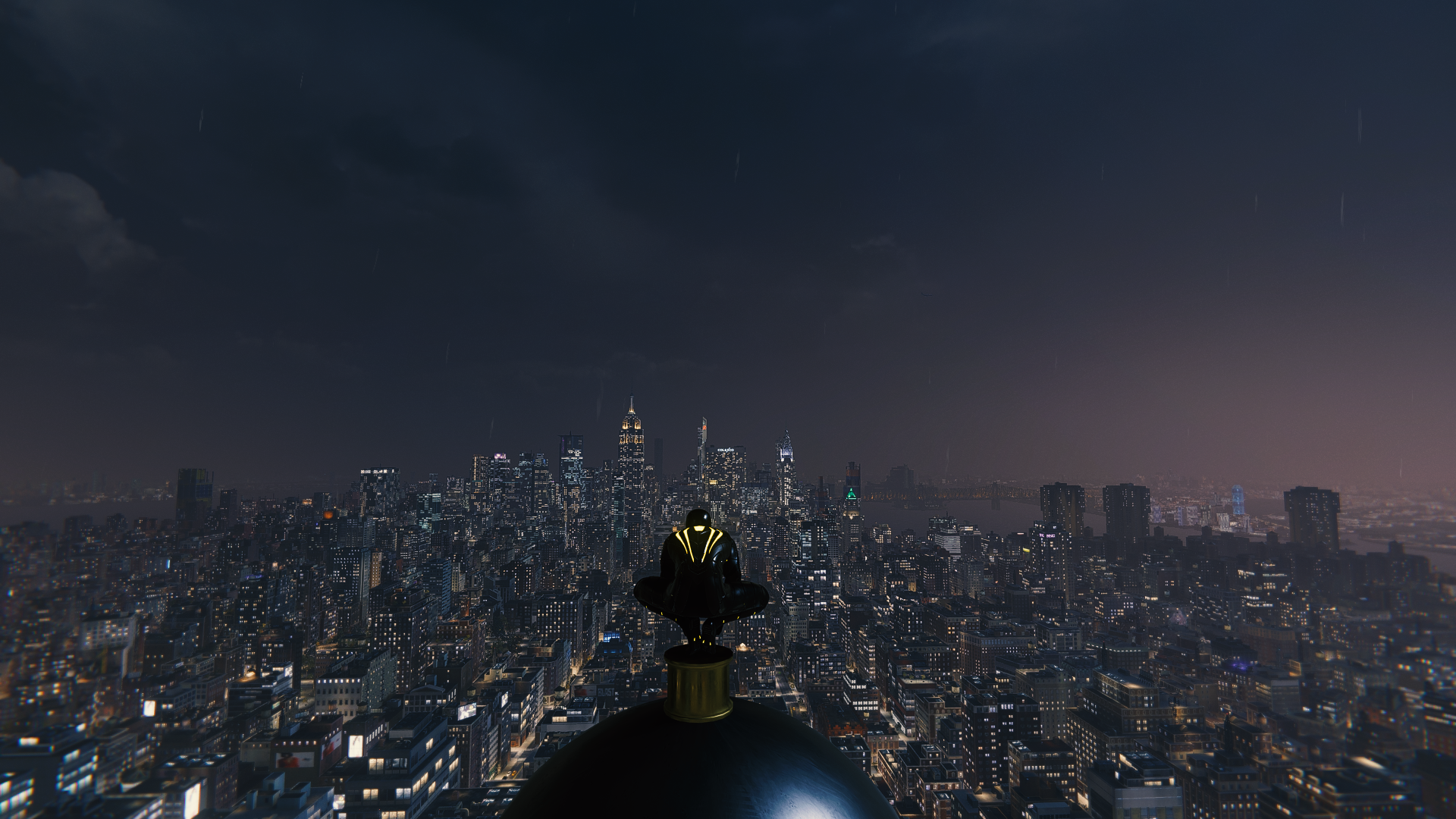 Spider-Man sitting on a dome overlooking New York City at night HD Wallpaper