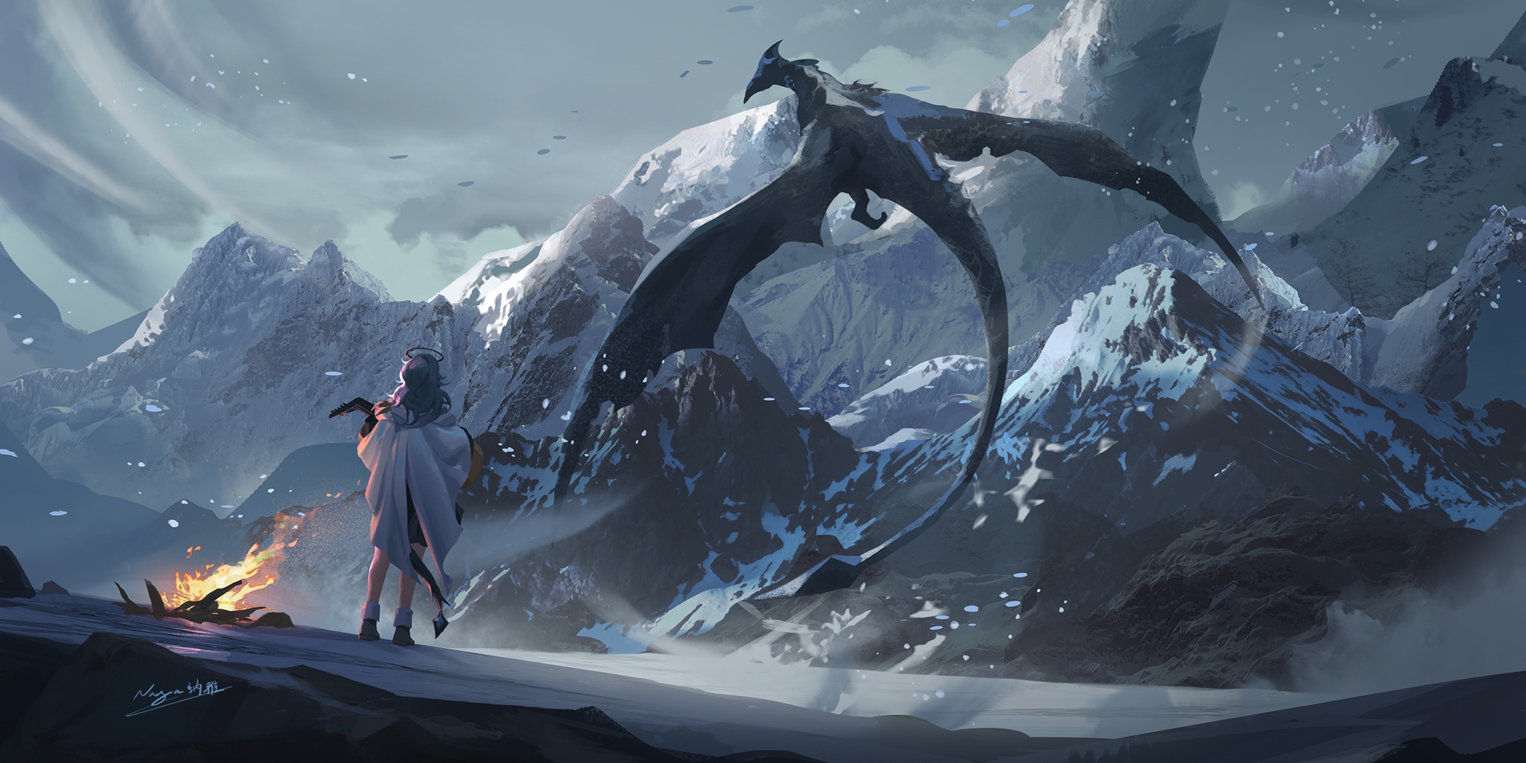 Fantasy girl and dragon in snowy mountains HD Wallpaper