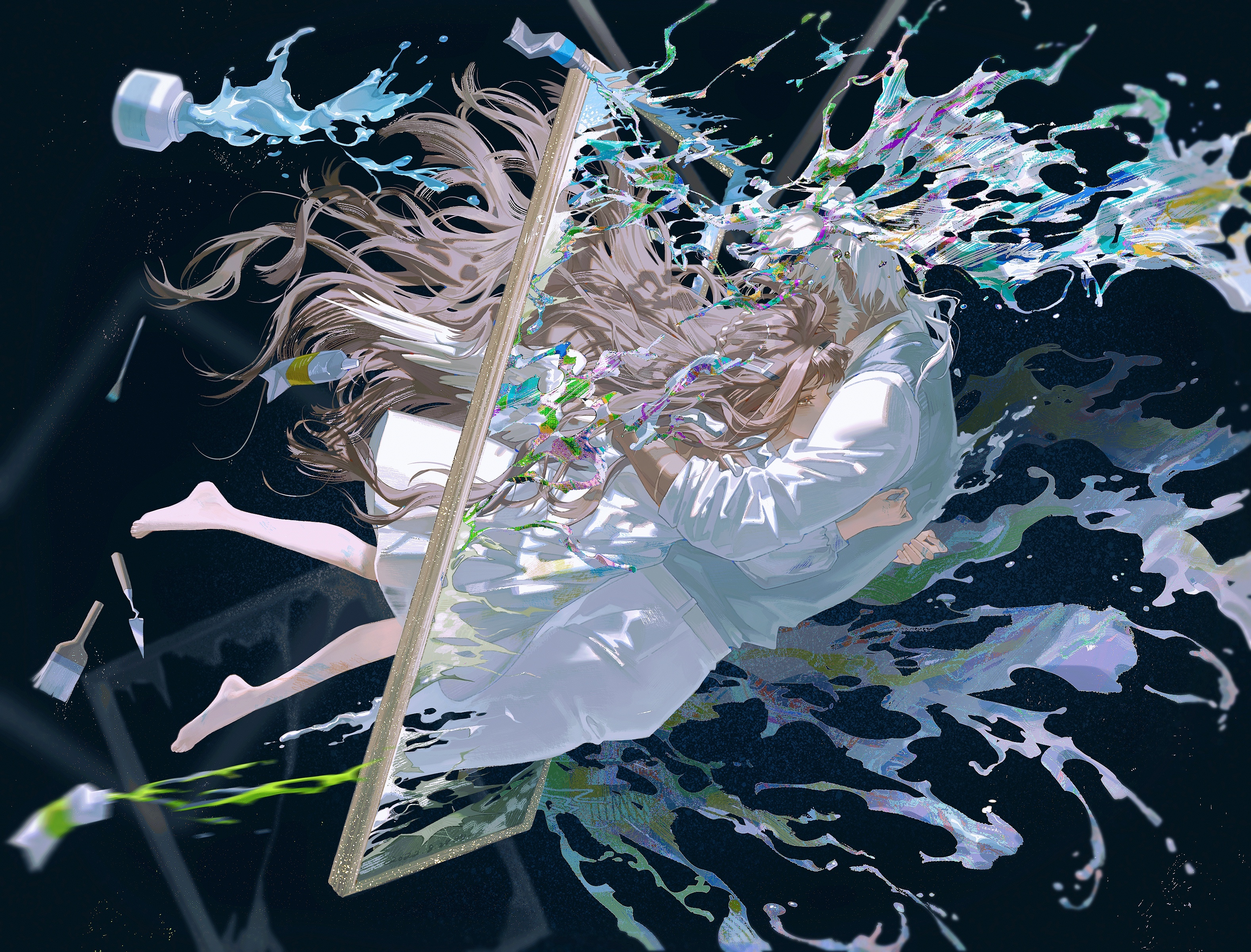 Anime couple embracing amidst colorful paint splashes HD Wallpaper