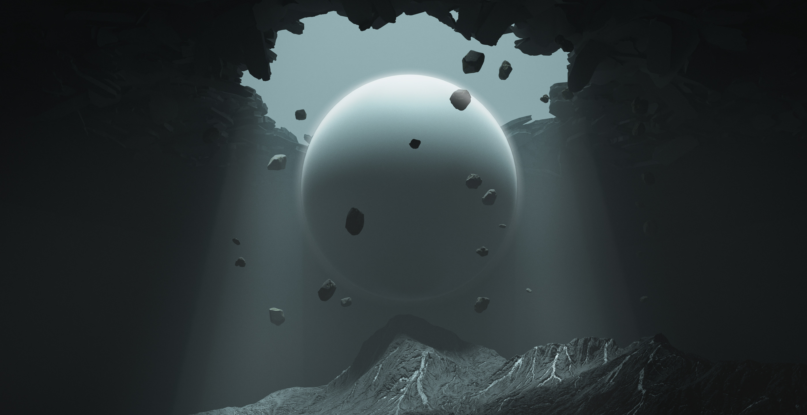 Abstract cave with floating rocks and a large sphere HD Wallpaper