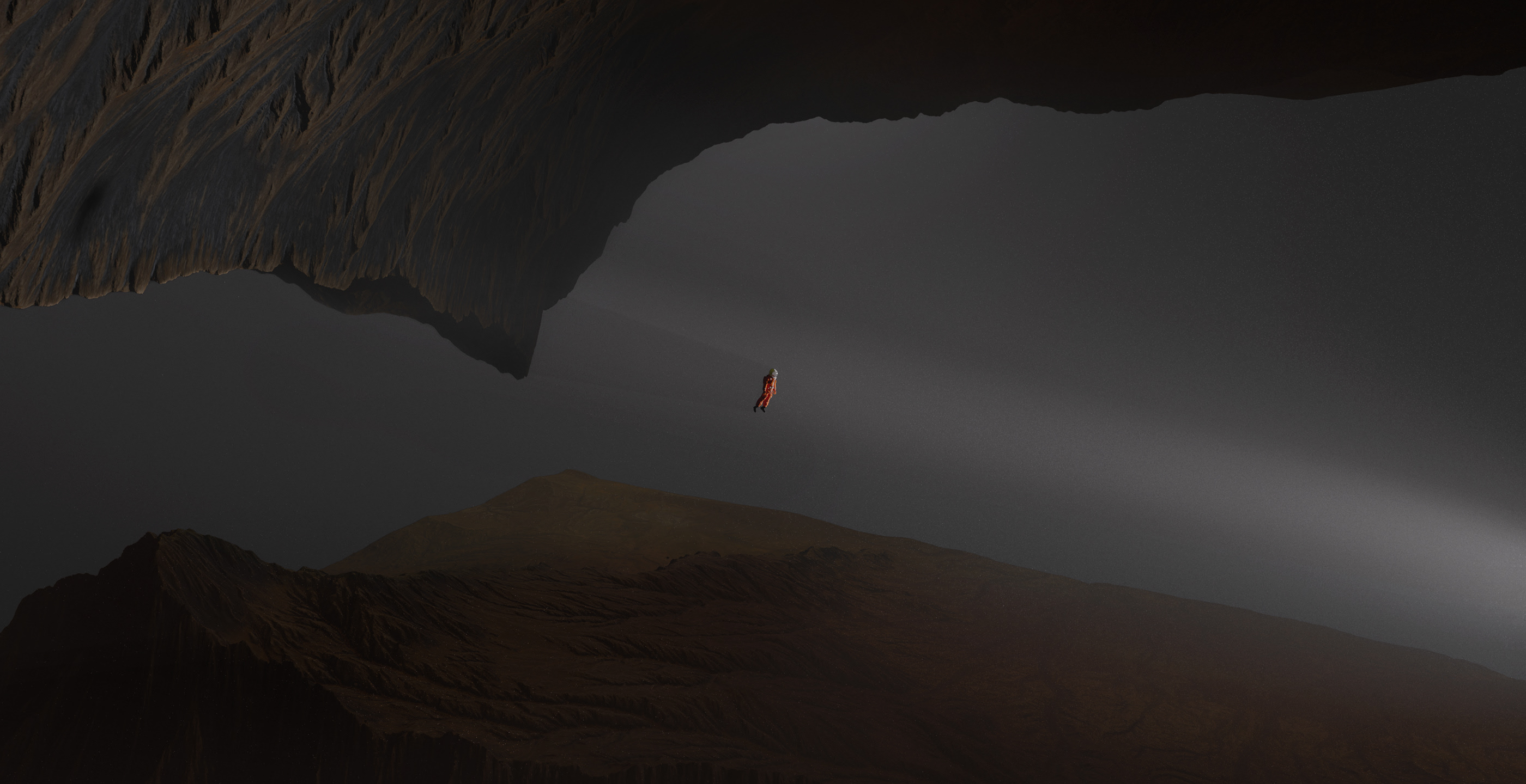 Astronaut in a rocky cave with light beam HD Wallpaper