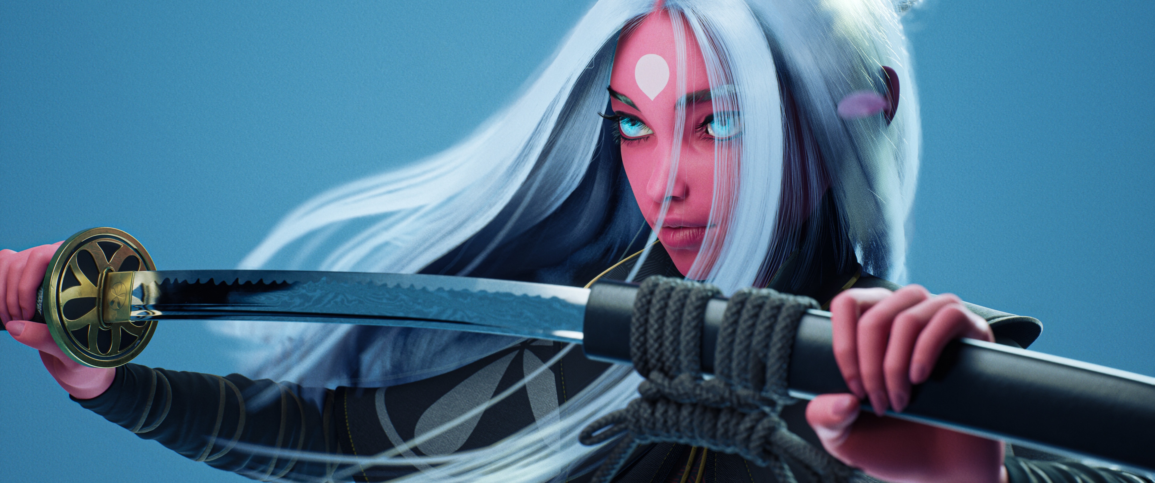 Fantasy girl with katana, blue eyes, Unreal Engine 5 artwork HD Wallpaper